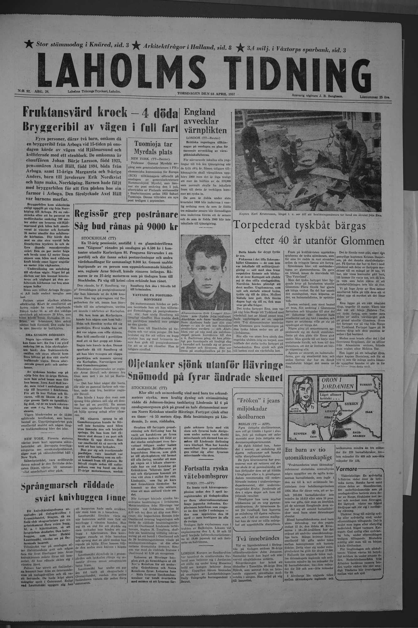 Laholms Tidning Torsdag 18 april 1957, sida 1