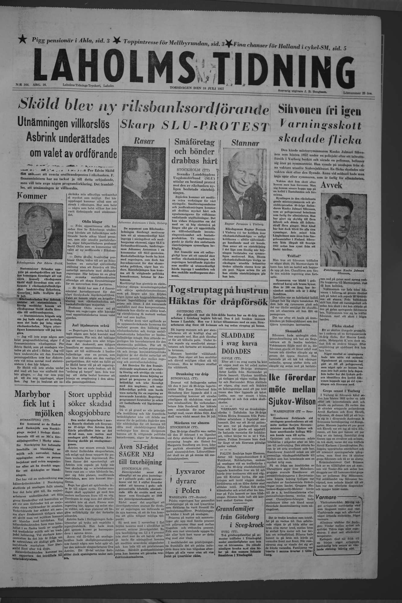 Laholms Tidning Torsdag 18 juli 1957, sida 1