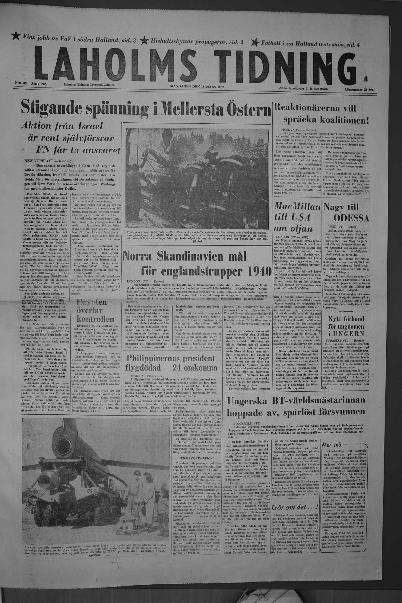 Laholms Tidning Måndag 18 mars 1957, sida 1