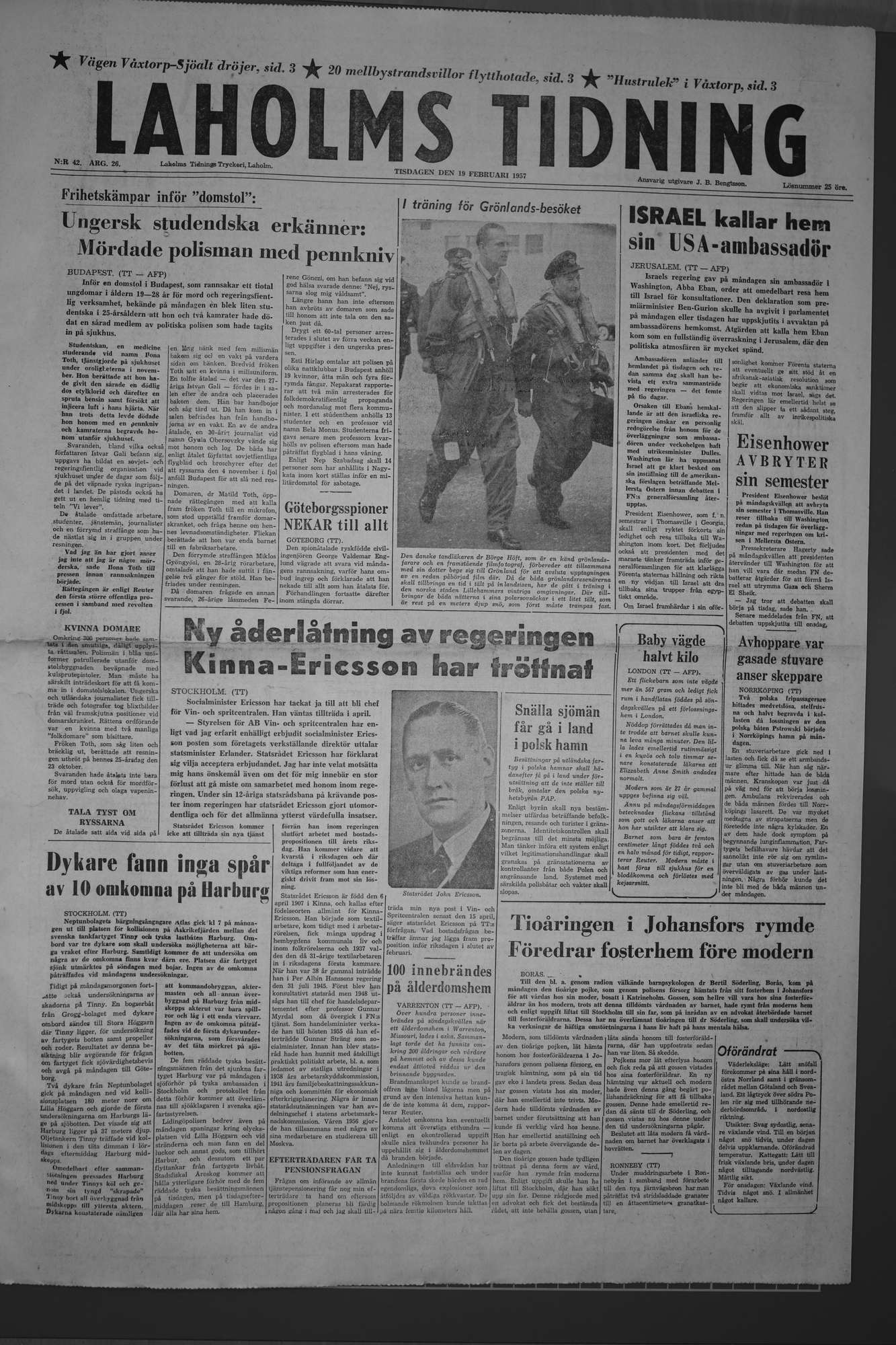 Laholms Tidning Tisdag 19 februari 1957, sida 1