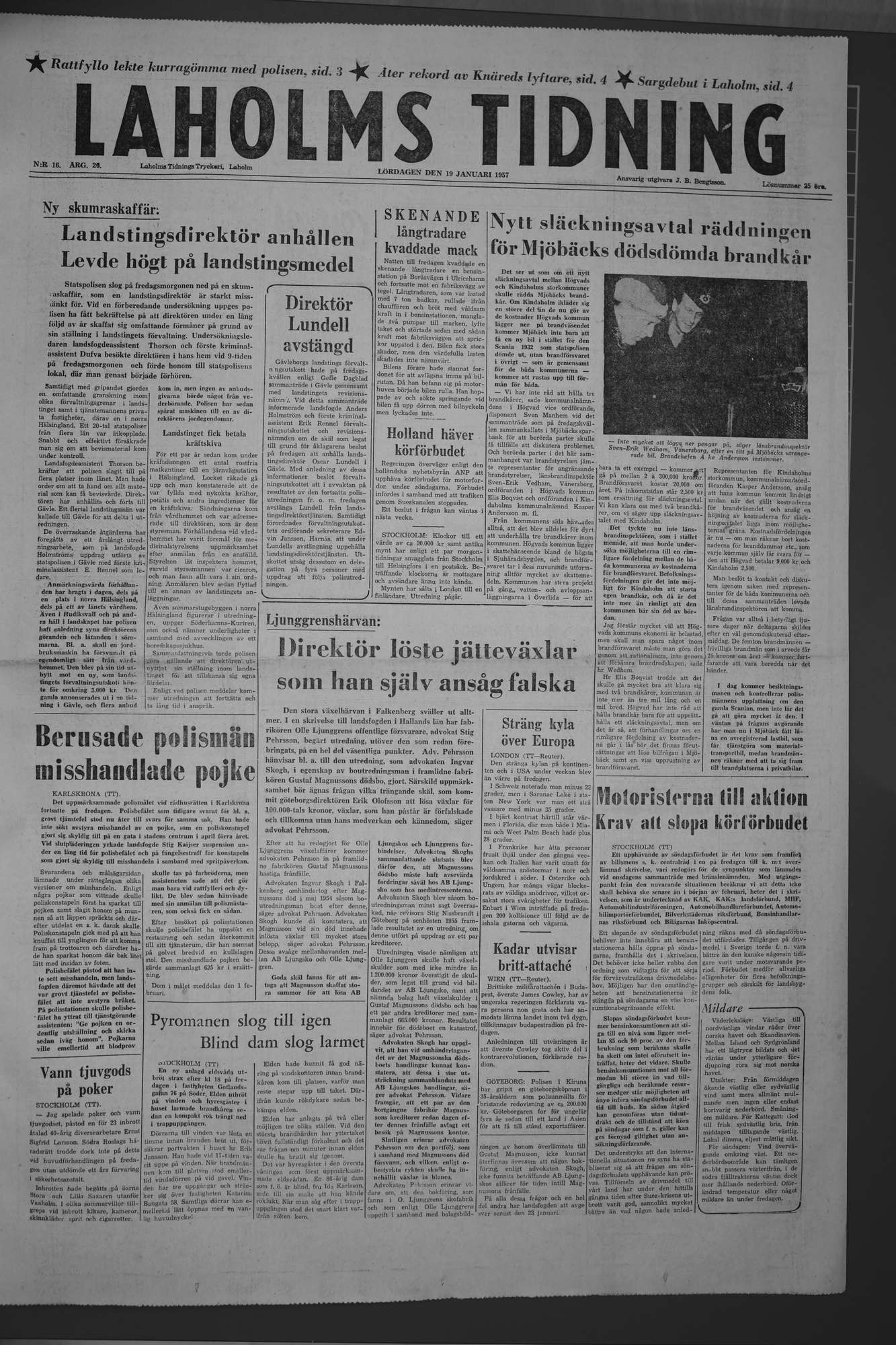 Laholms Tidning Lördag 19 januari 1957, sida 1