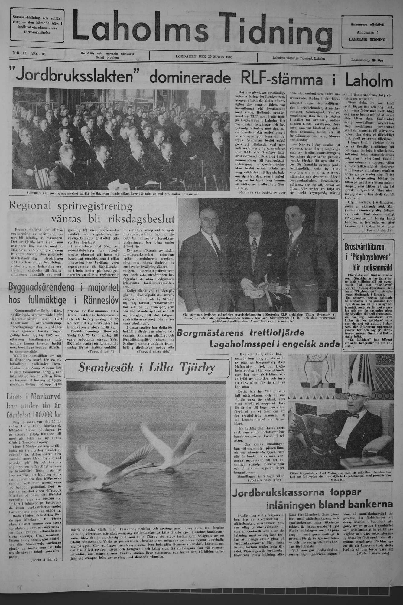 Laholms Tidning Lördag 19 mars 1966, sida 1