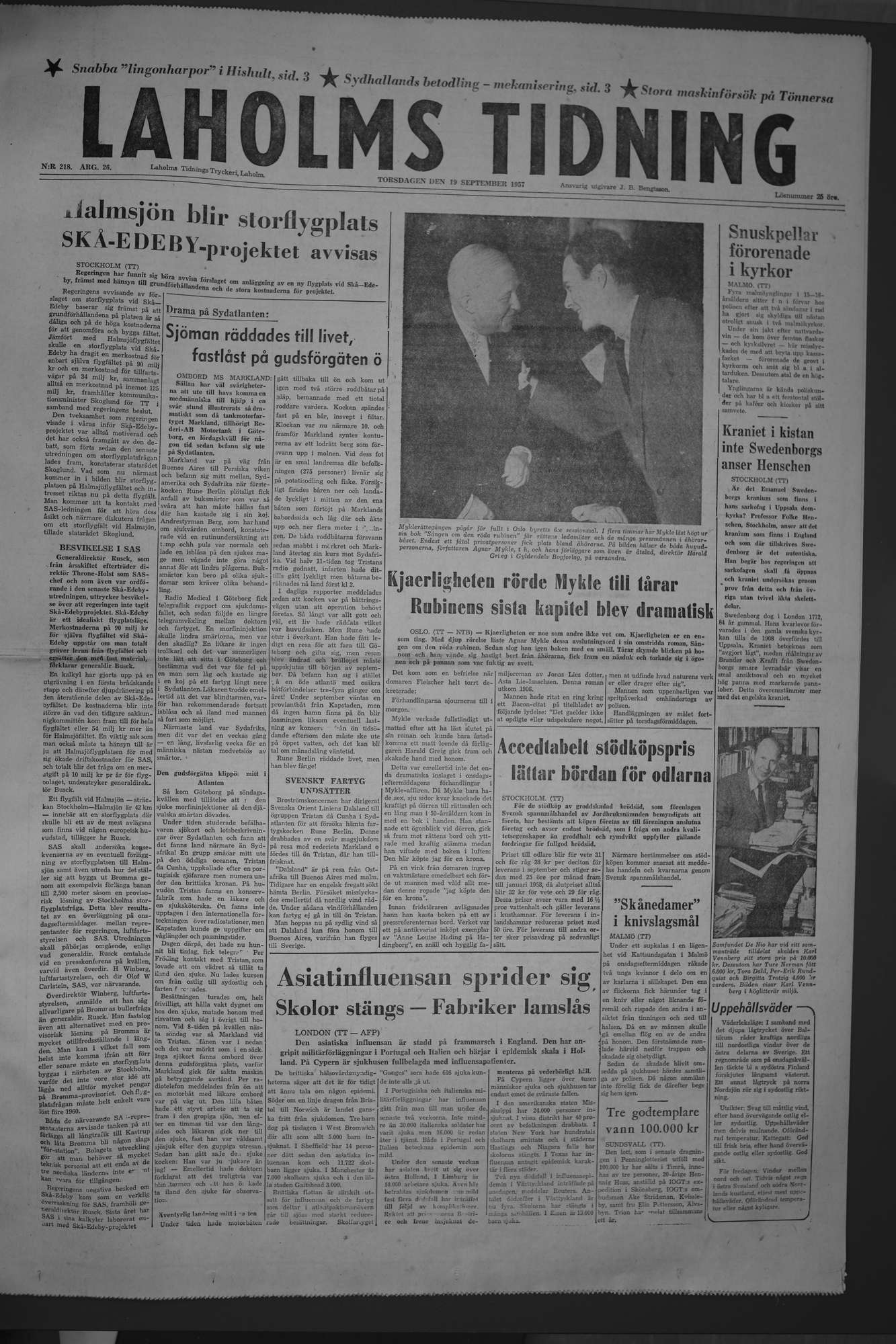 Laholms Tidning Torsdag 19 september 1957, sida 1