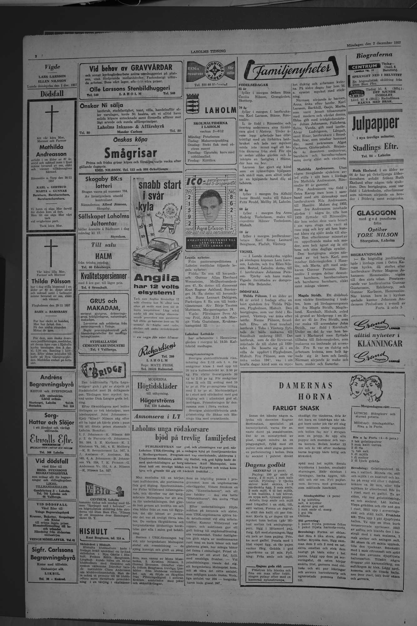 Laholms Tidning Måndag 2 december 1957, sida 2