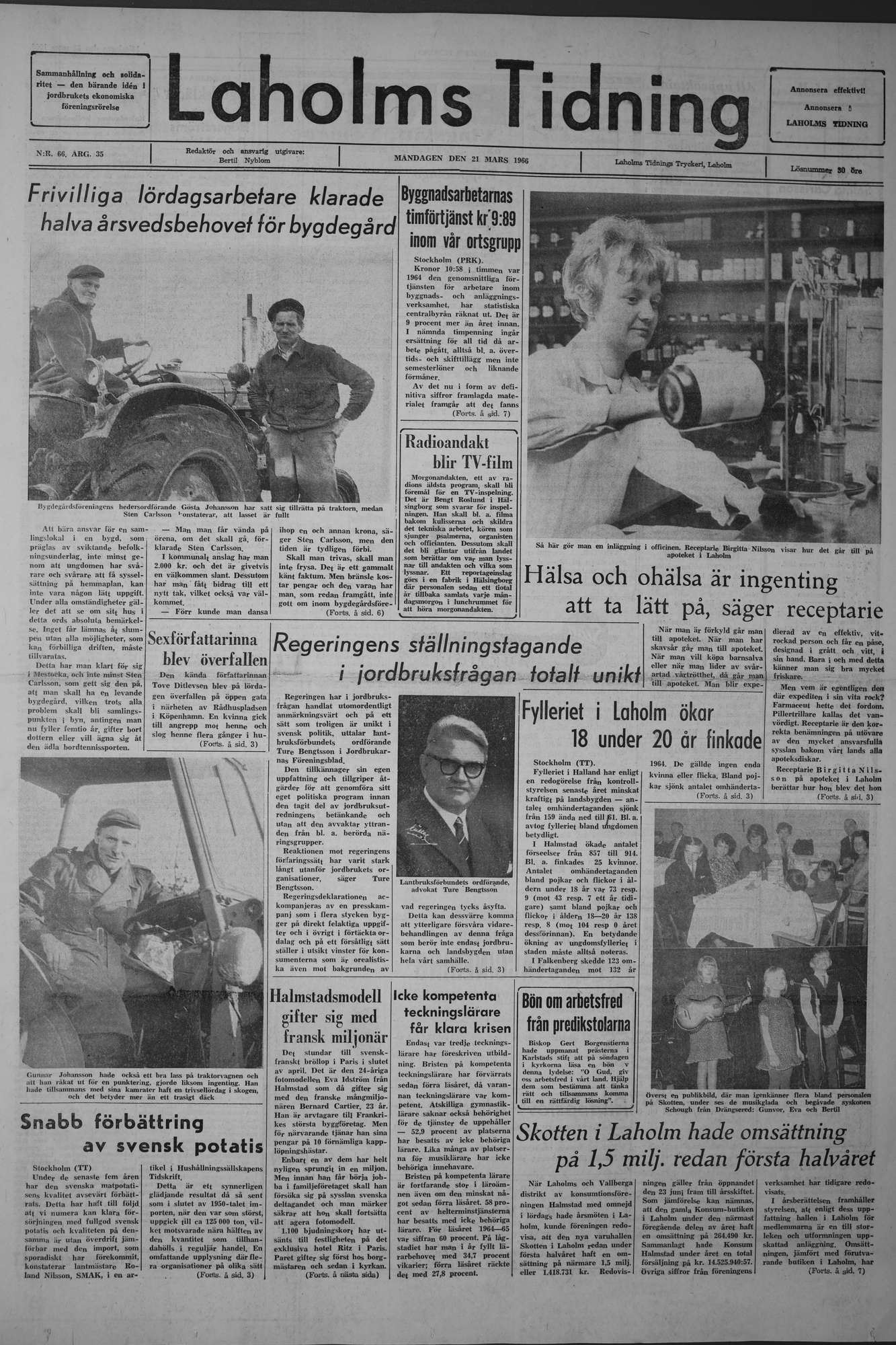 Laholms Tidning Måndag 21 mars 1966, sida 1