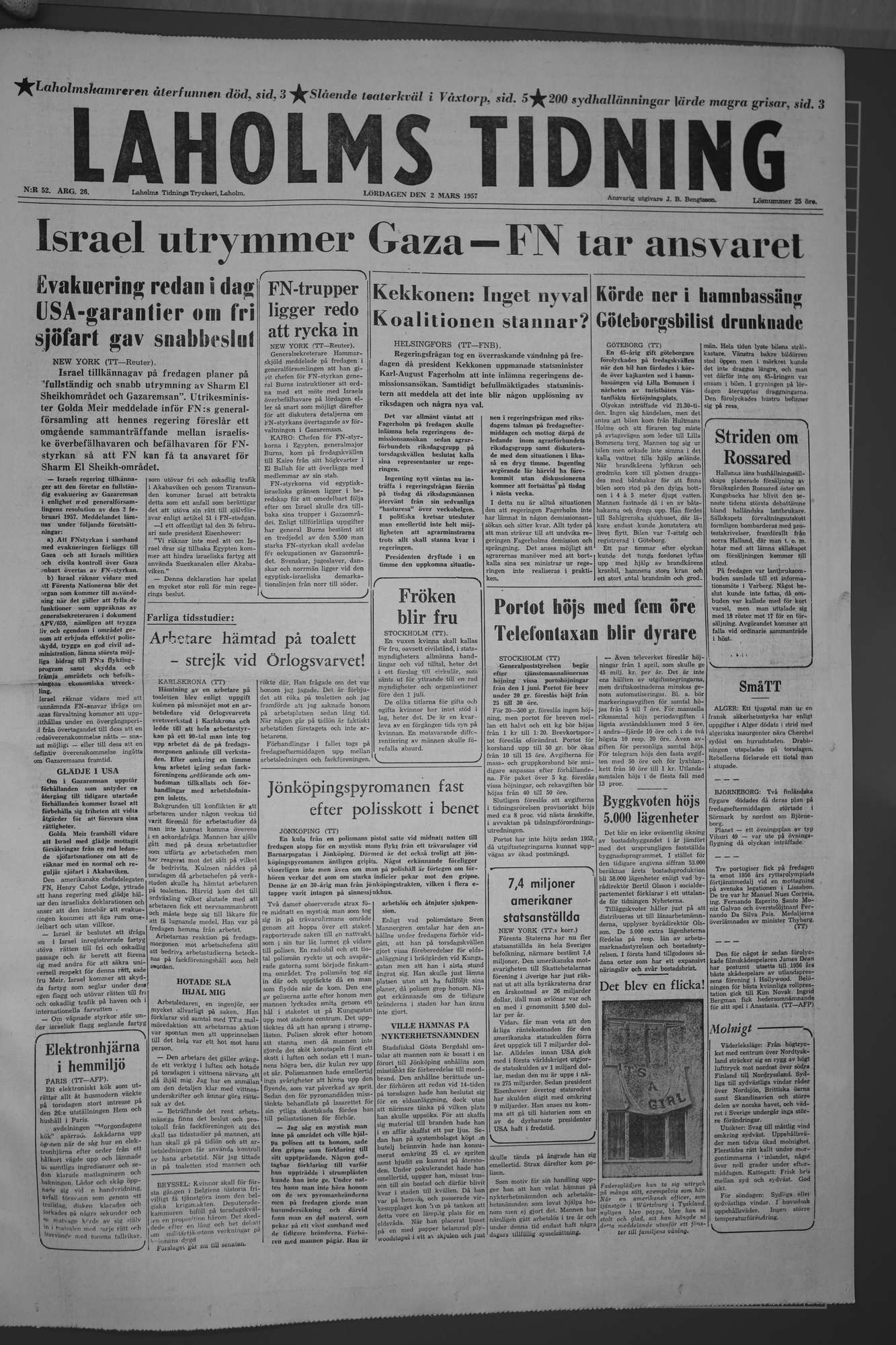 Laholms Tidning Lördag 2 mars 1957, sida 1