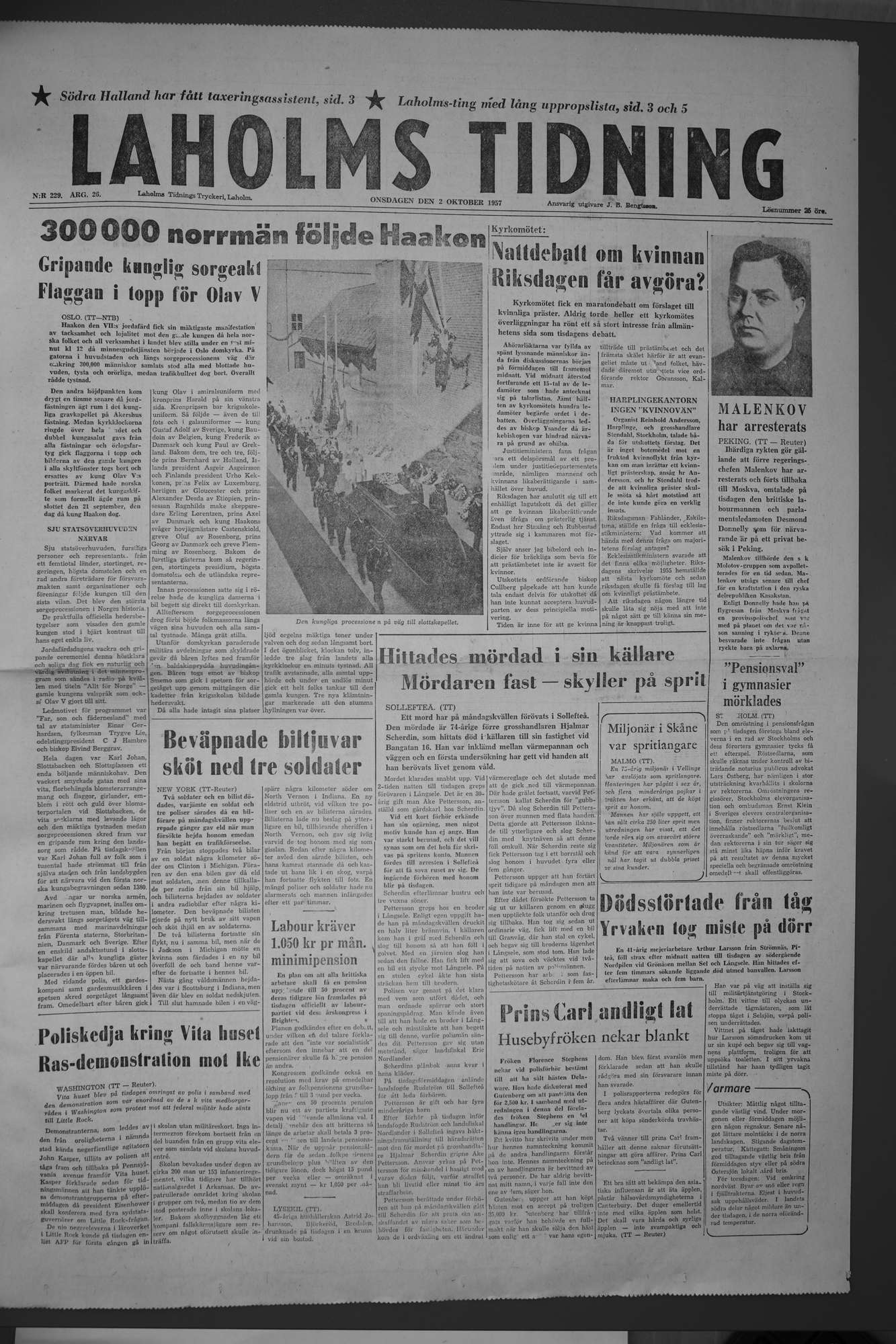 Laholms Tidning Onsdag 2 oktober 1957, sida 1