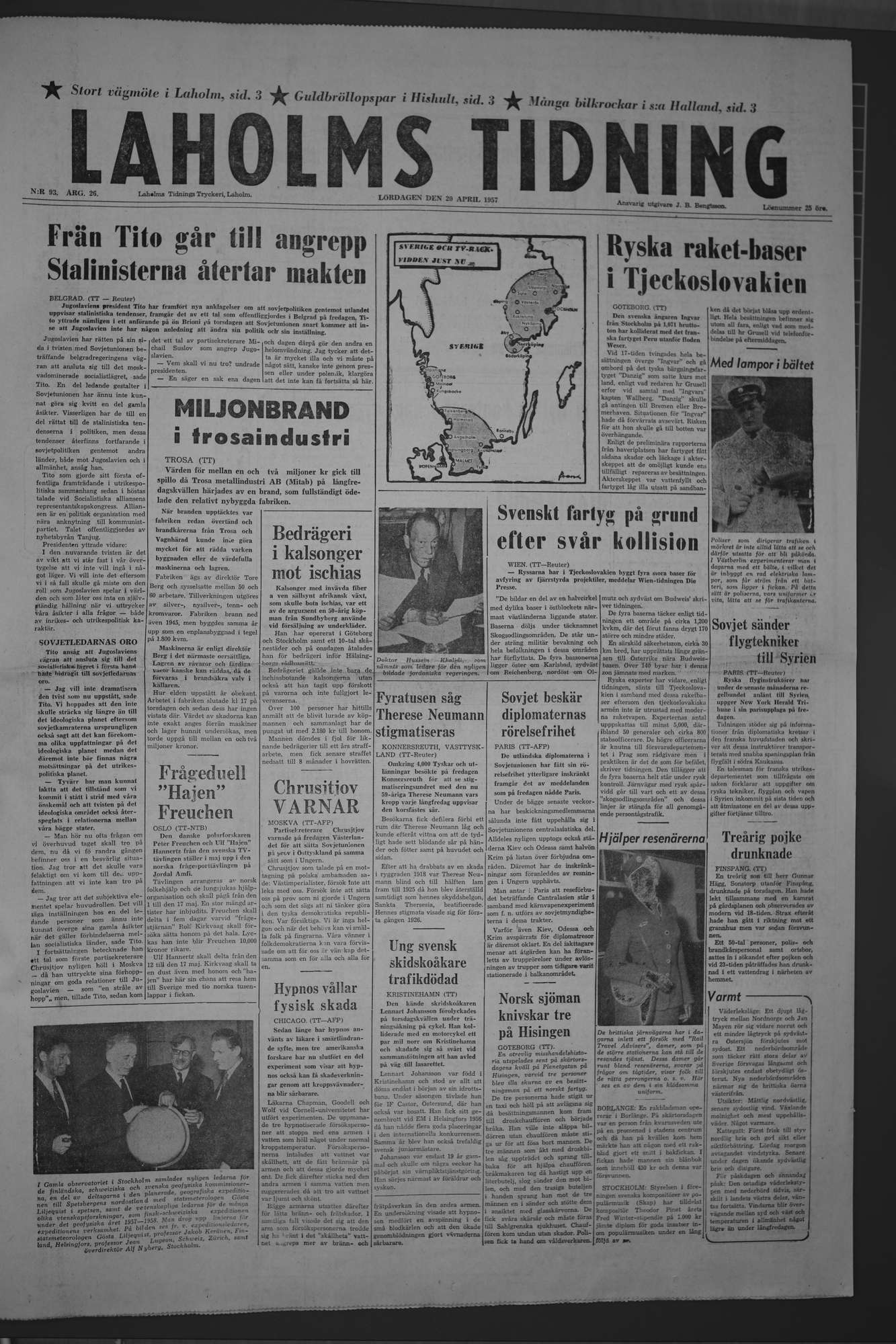 Laholms Tidning Lördag 20 april 1957, sida 1