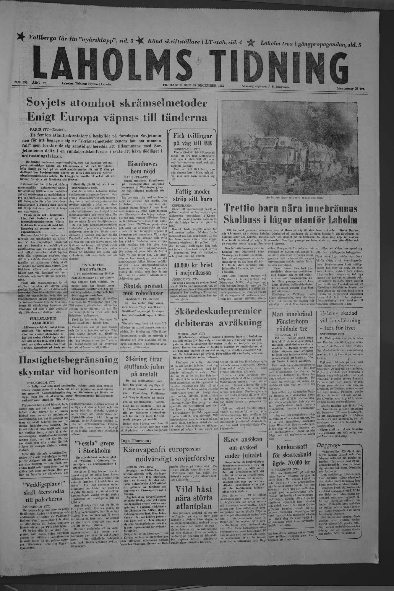 Laholms Tidning Fredag 20 december 1957, sida 1