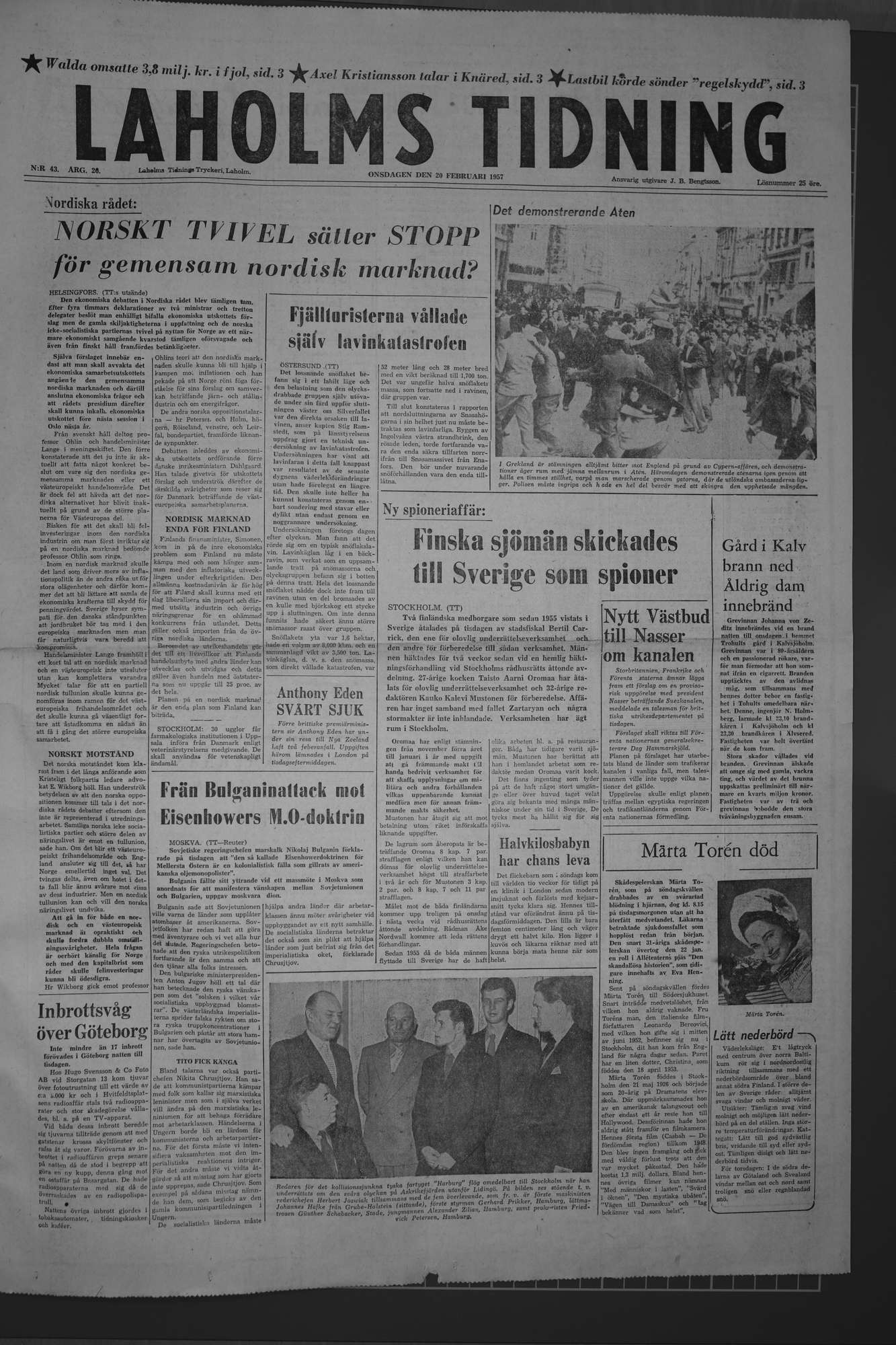 Laholms Tidning Onsdag 20 februari 1957, sida 1