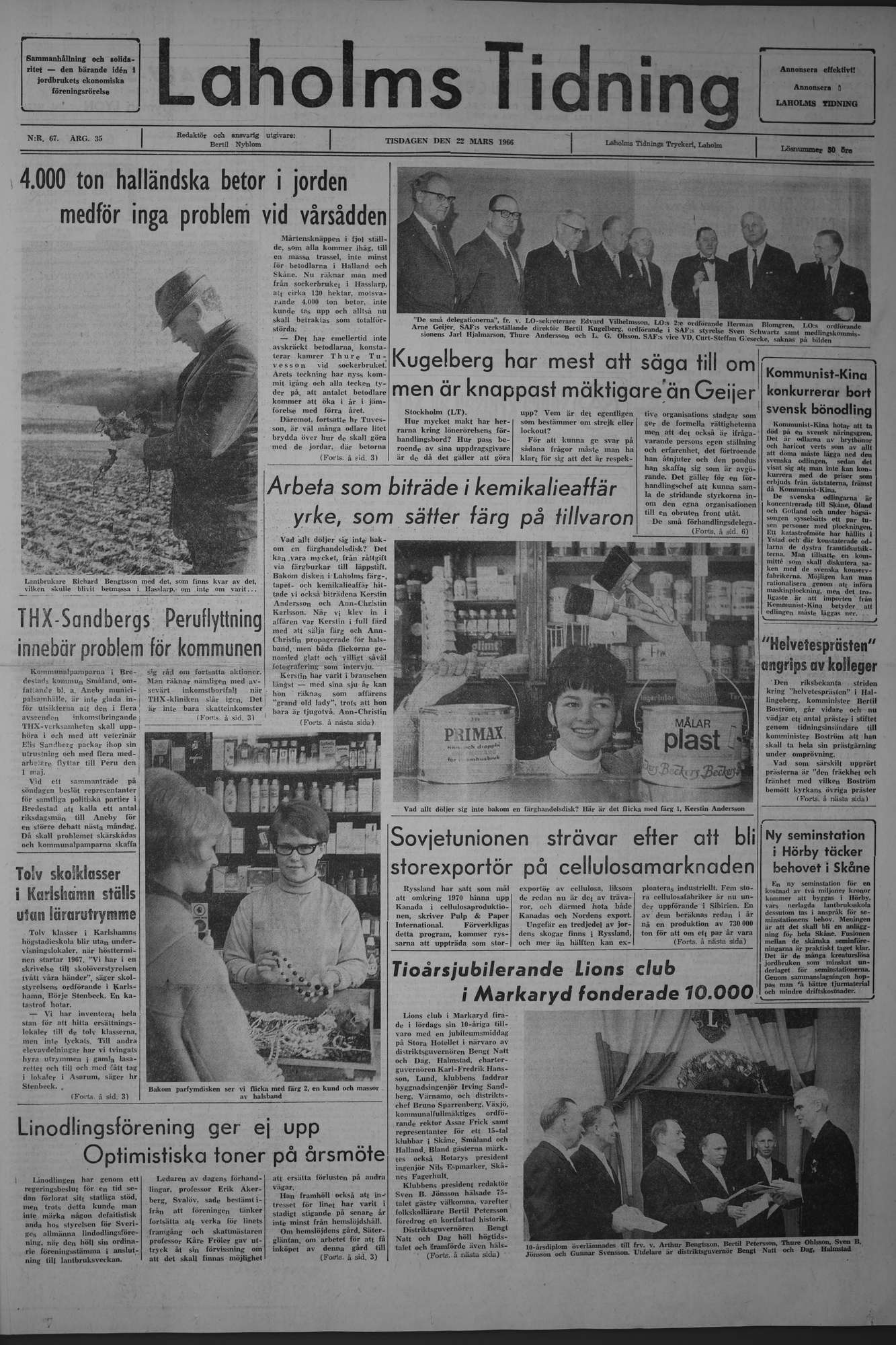 Laholms Tidning Tisdag 22 mars 1966, sida 1