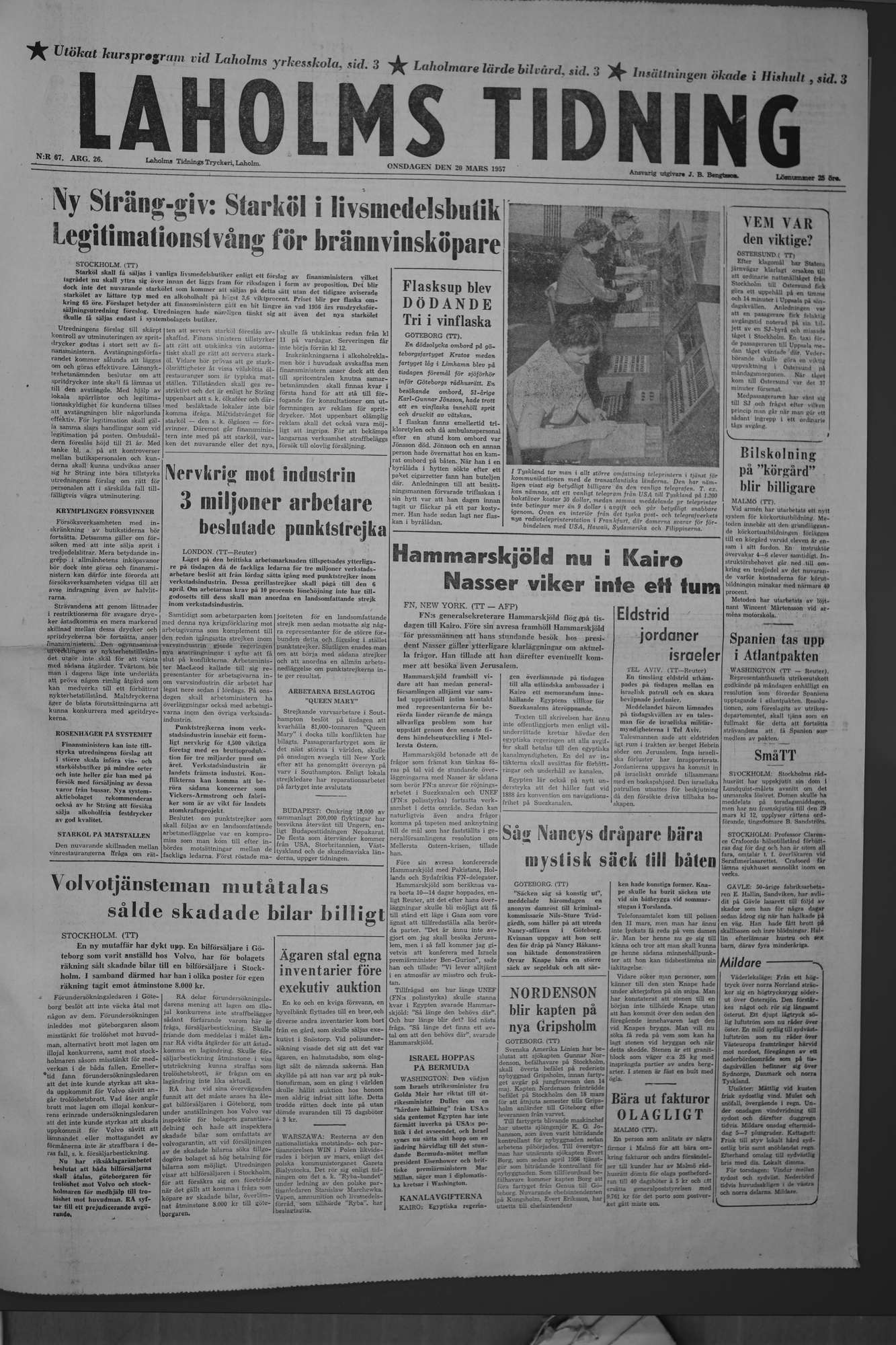 Laholms Tidning Onsdag 20 mars 1957, sida 1