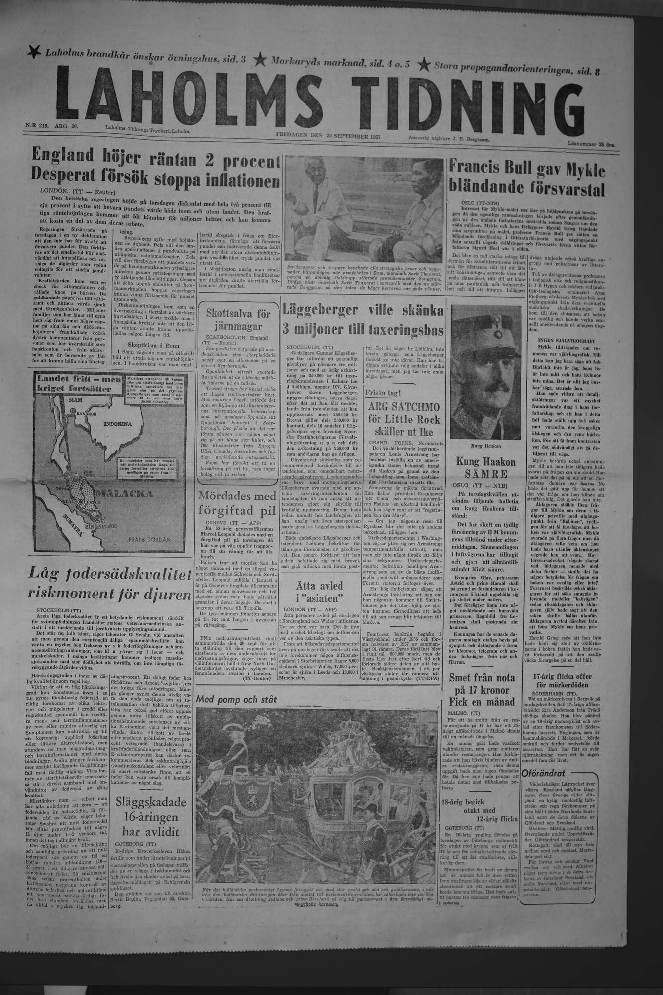 Laholms Tidning Fredag 20 september 1957, sida 1