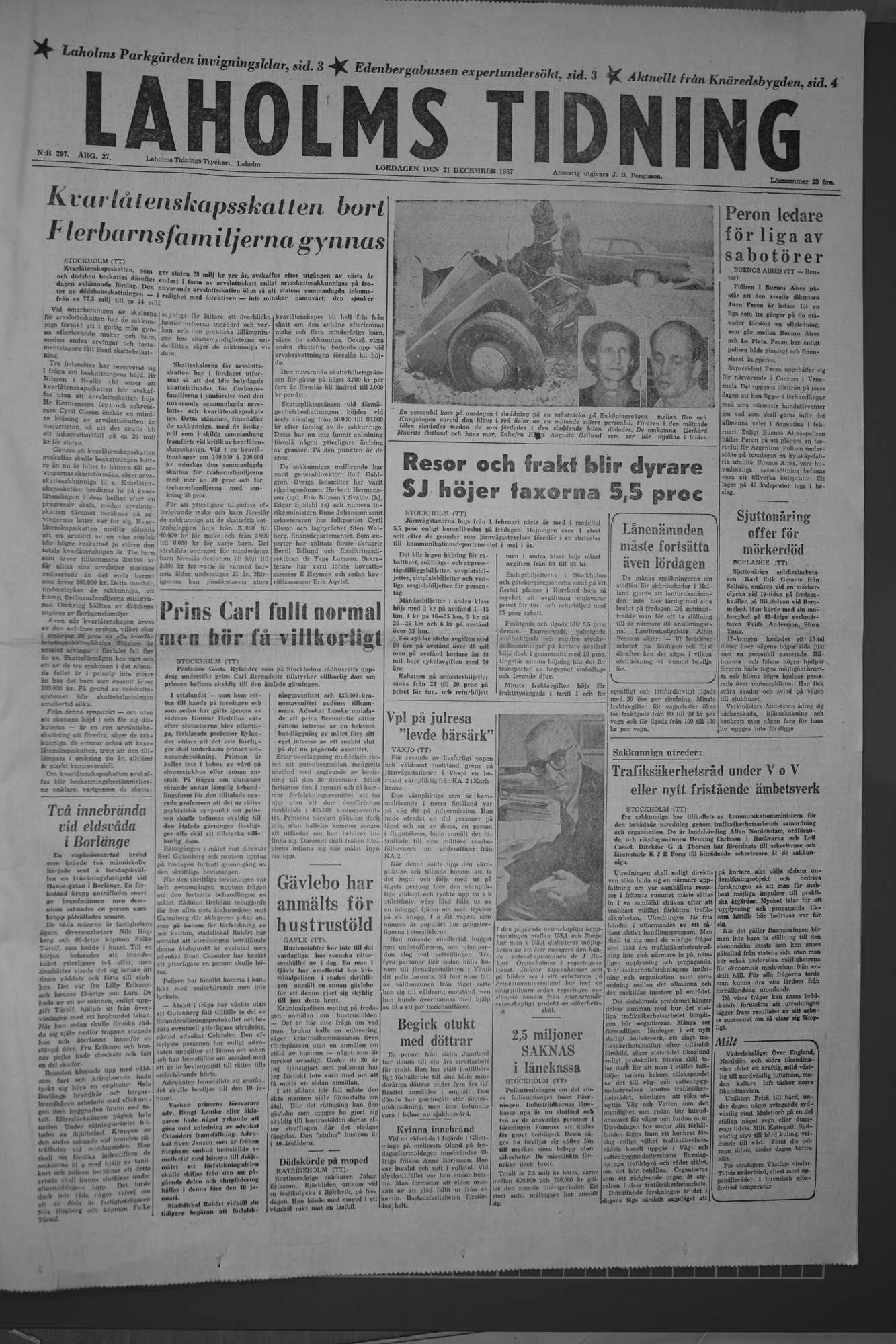 Laholms Tidning Lördag 21 december 1957, sida 1