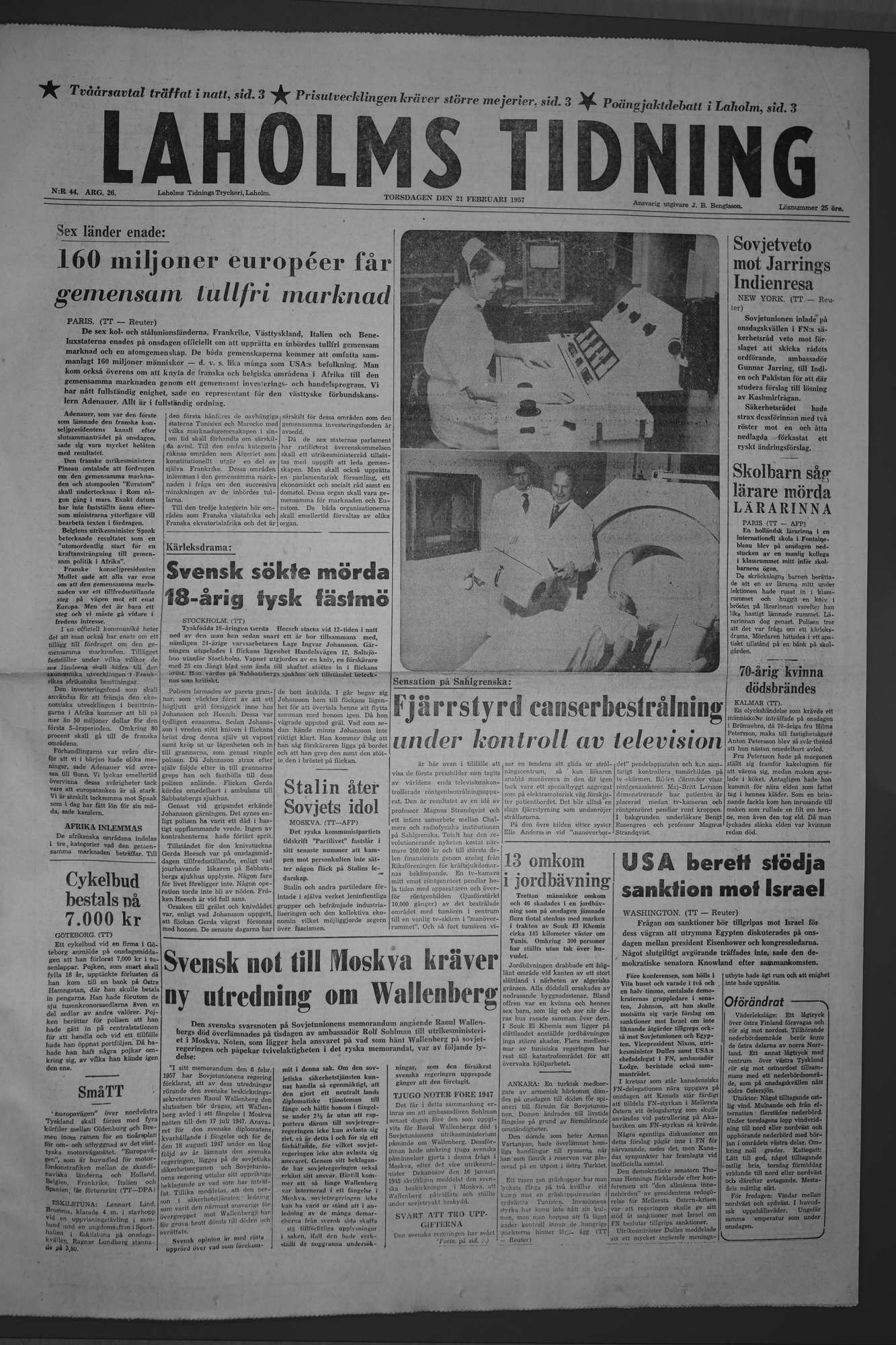 Laholms Tidning Torsdag 21 februari 1957, sida 1