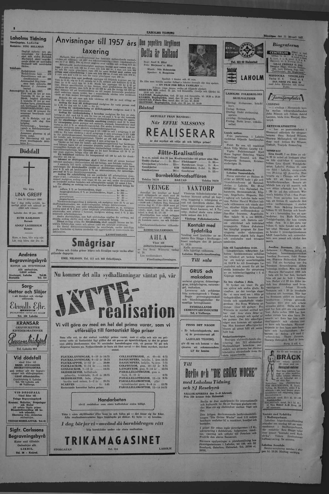 Laholms Tidning Måndag 21 januari 1957, sida 2