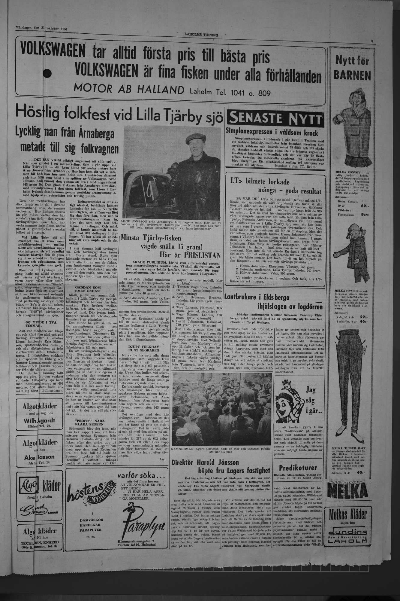 Laholms Tidning Måndag 21 oktober 1957, sida 3