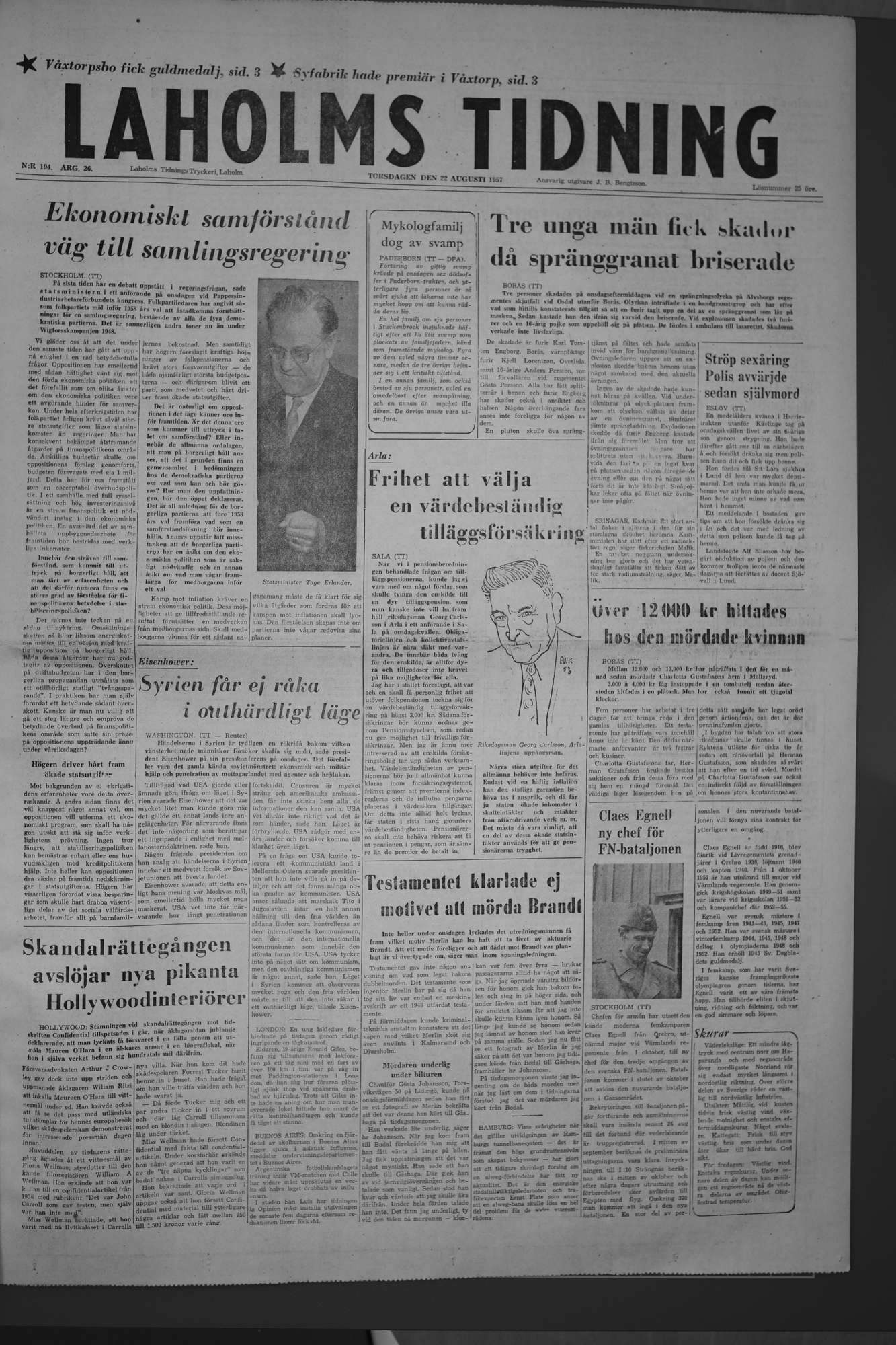 Laholms Tidning Torsdag 22 augusti 1957, sida 1