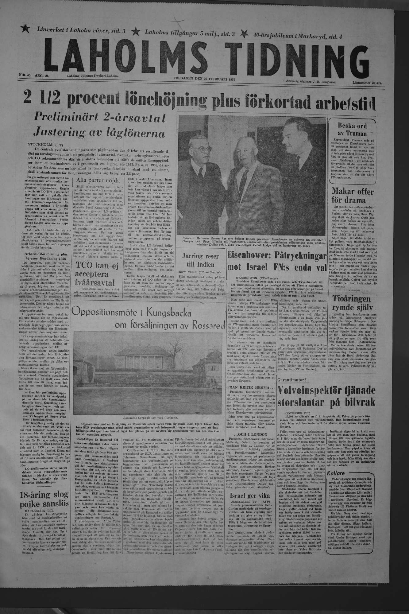 Laholms Tidning Fredag 22 februari 1957, sida 1