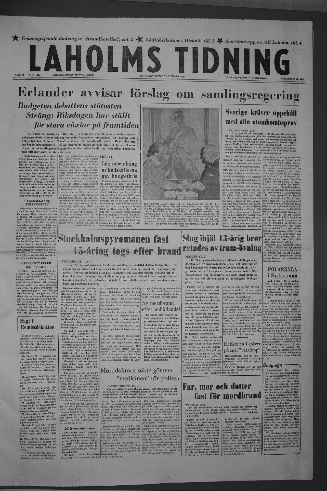 Laholms Tidning Tisdag 22 januari 1957, sida 1