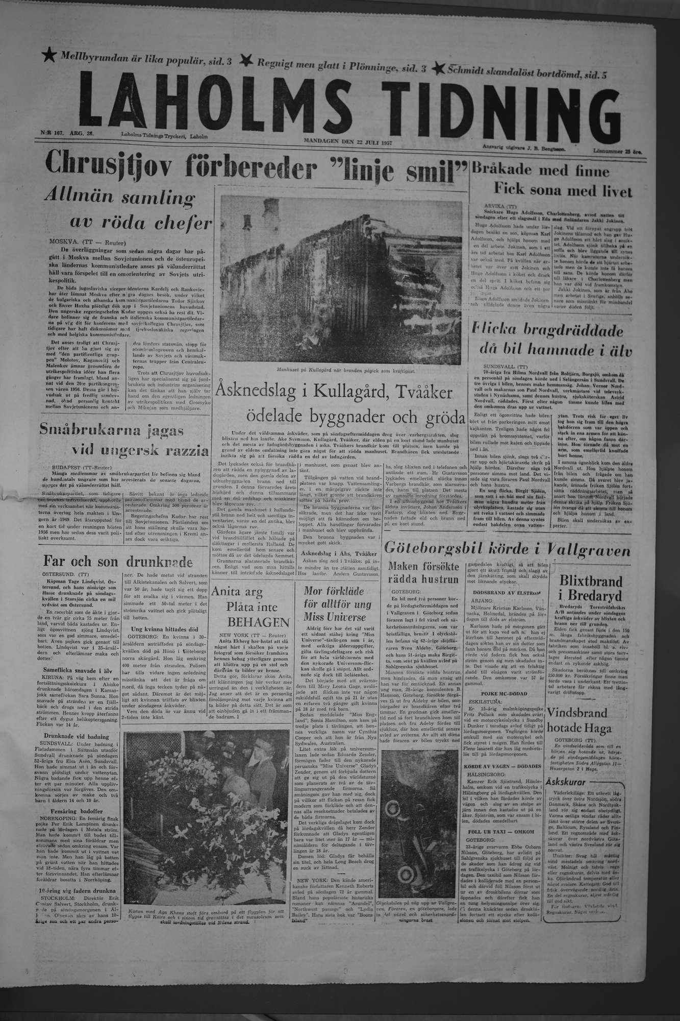 Laholms Tidning Måndag 22 juli 1957, sida 1