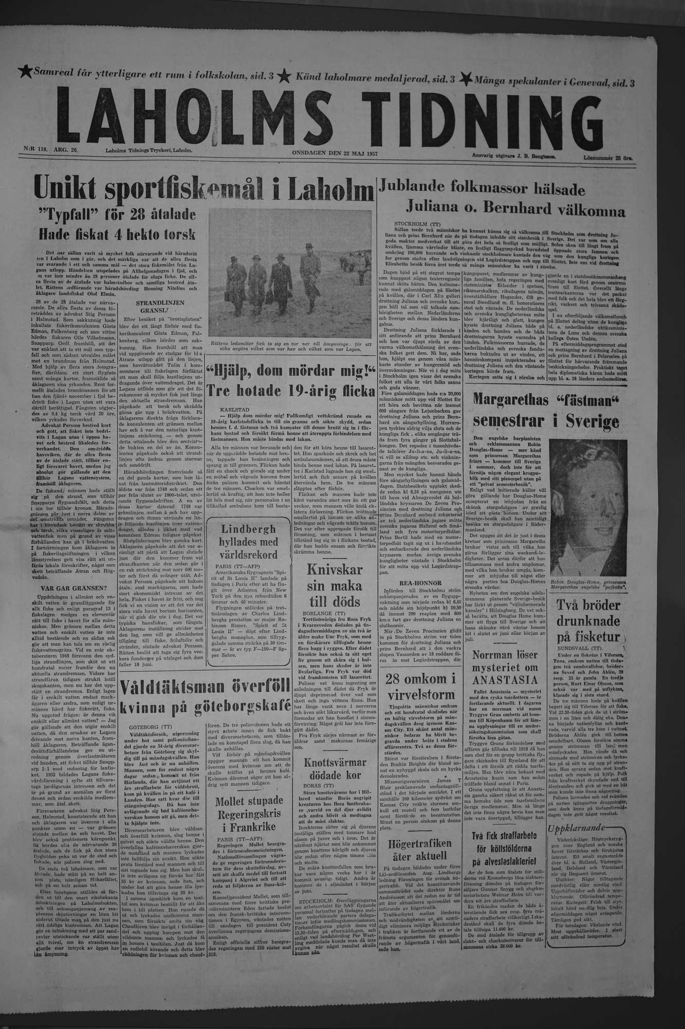 Laholms Tidning Onsdag 22 maj 1957, sida 1