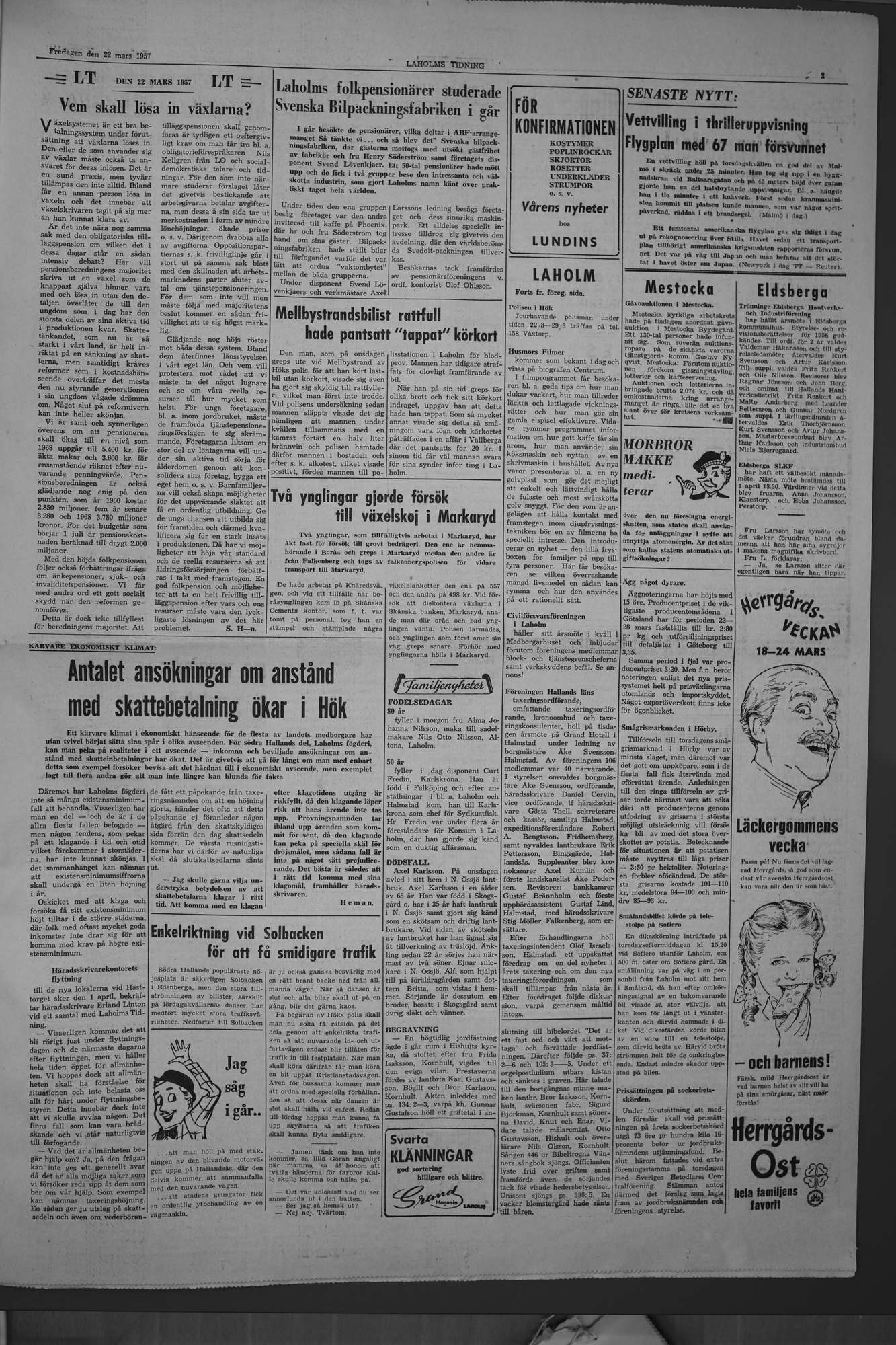Laholms Tidning Fredag 22 mars 1957, sida 3