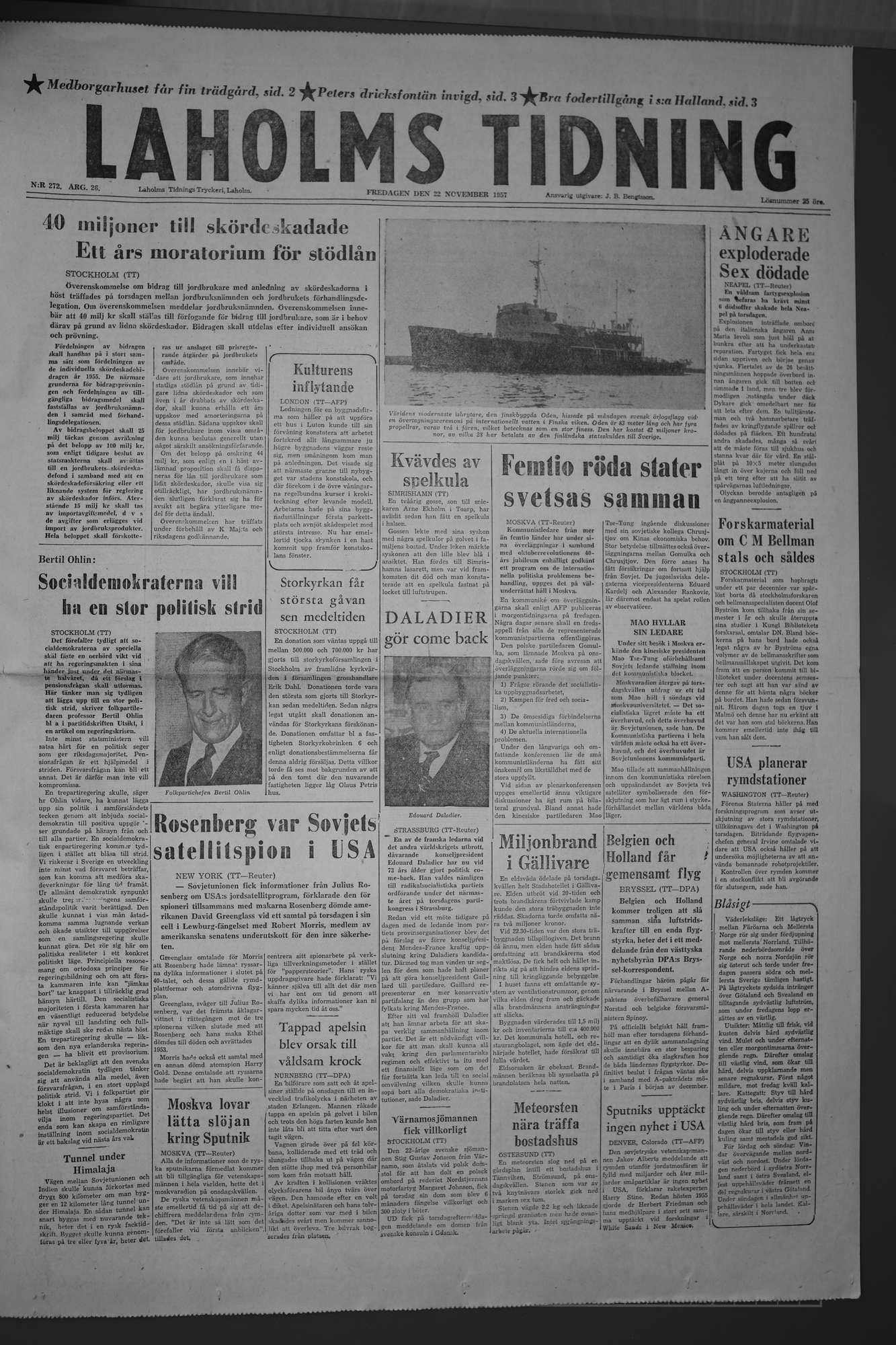 Laholms Tidning Fredag 22 november 1957, sida 1