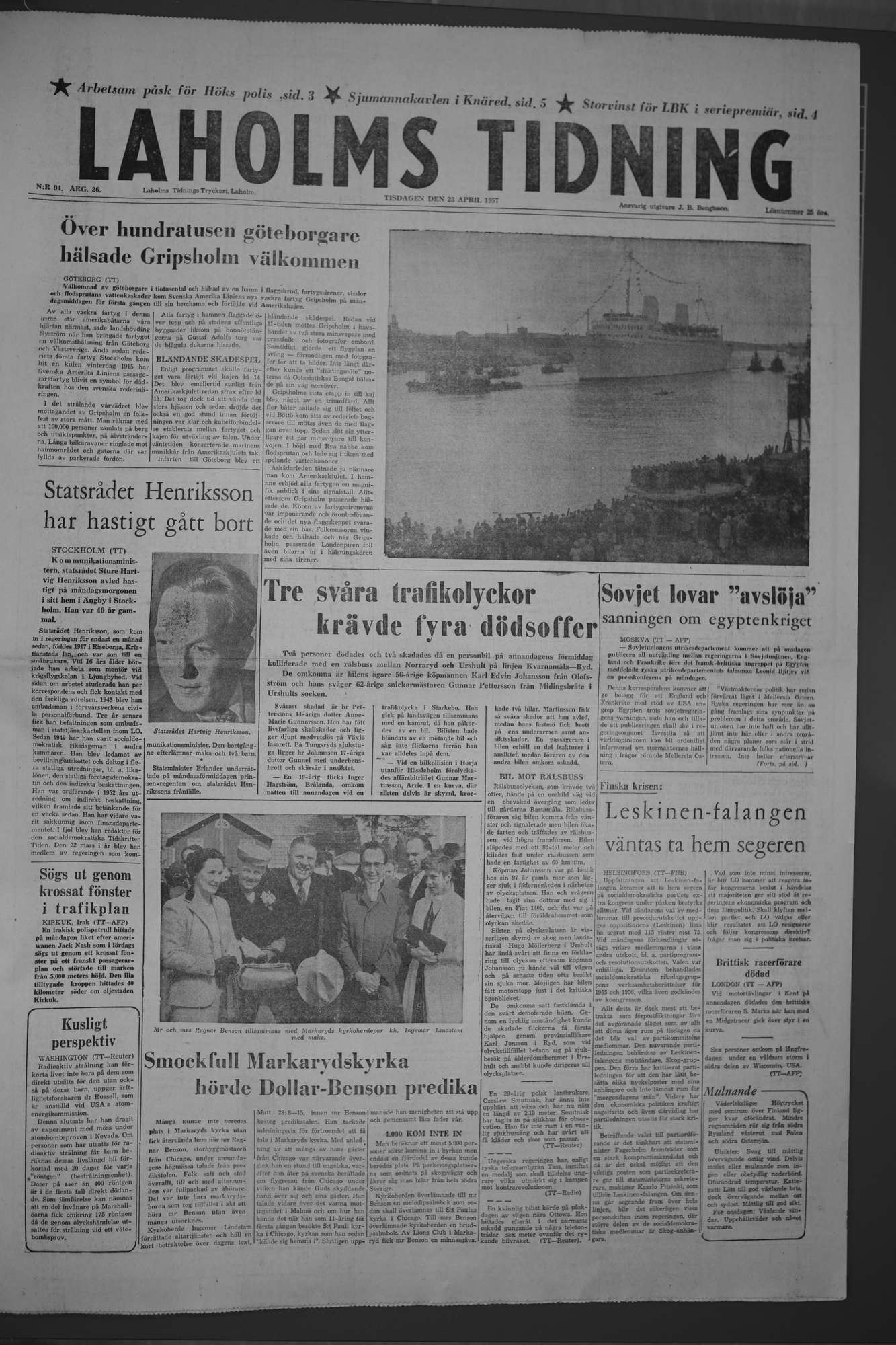 Laholms Tidning Tisdag 23 april 1957, sida 1
