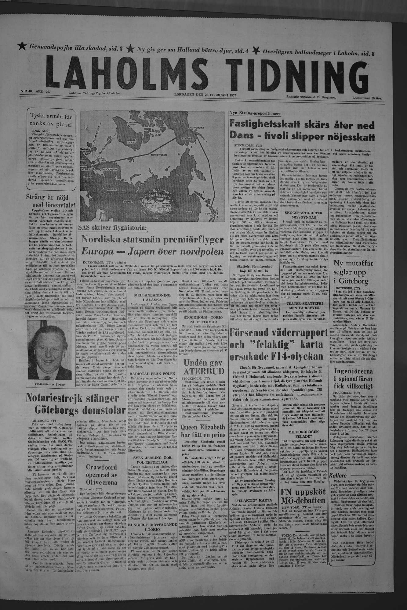 Laholms Tidning Lördag 23 februari 1957, sida 1