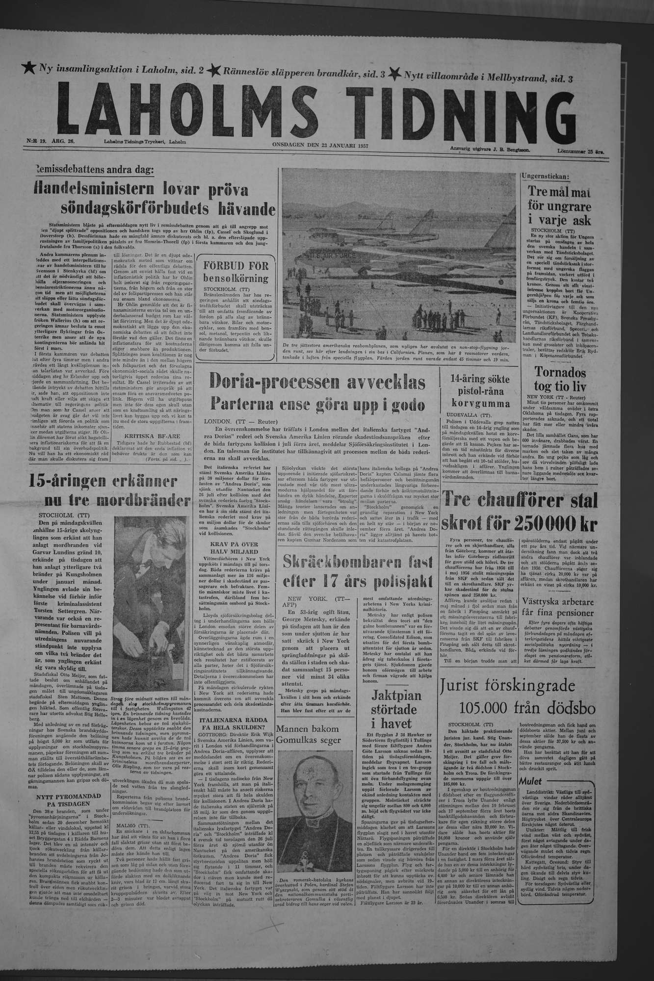 Laholms Tidning Onsdag 23 januari 1957, sida 1