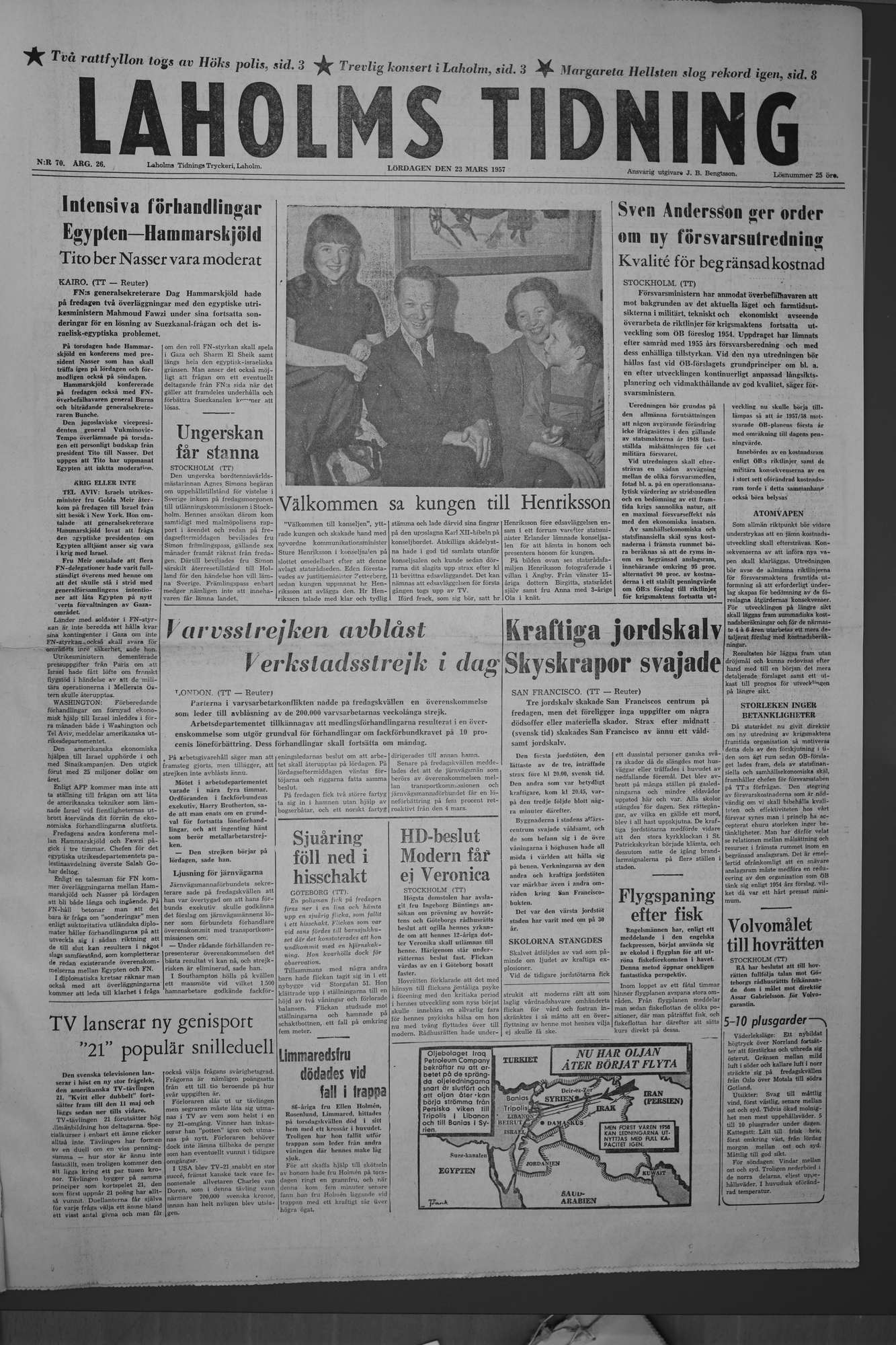 Laholms Tidning Lördag 23 mars 1957, sida 1