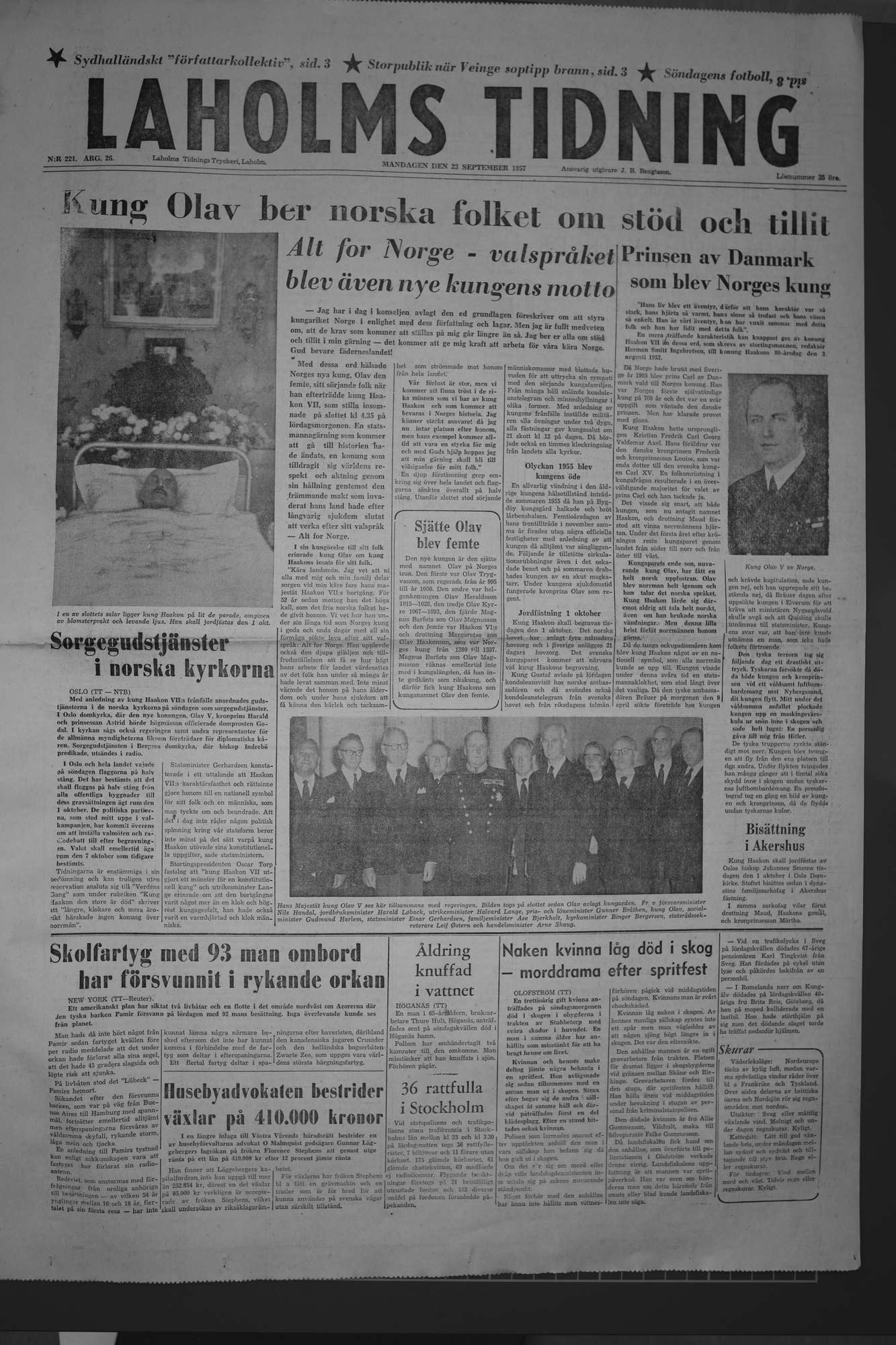 Laholms Tidning Måndag 23 september 1957, sida 1