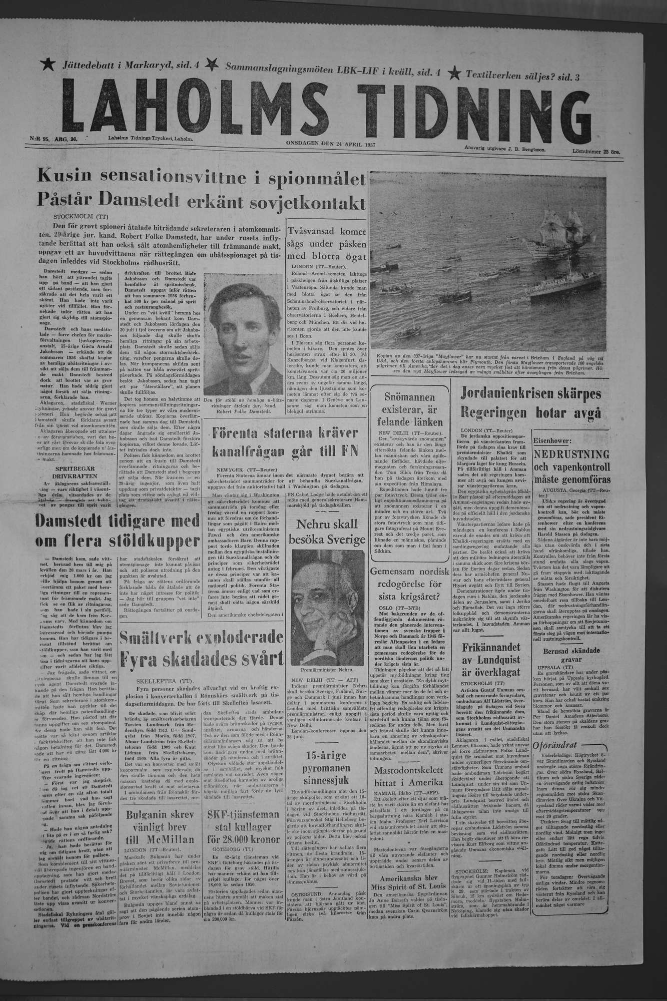 Laholms Tidning Onsdag 24 april 1957, sida 1