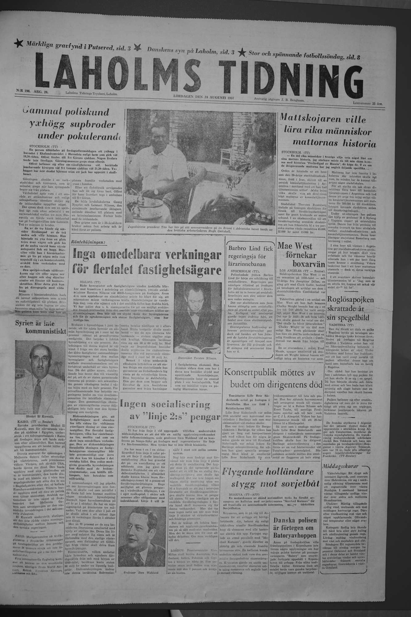 Laholms Tidning Lördag 24 augusti 1957, sida 1