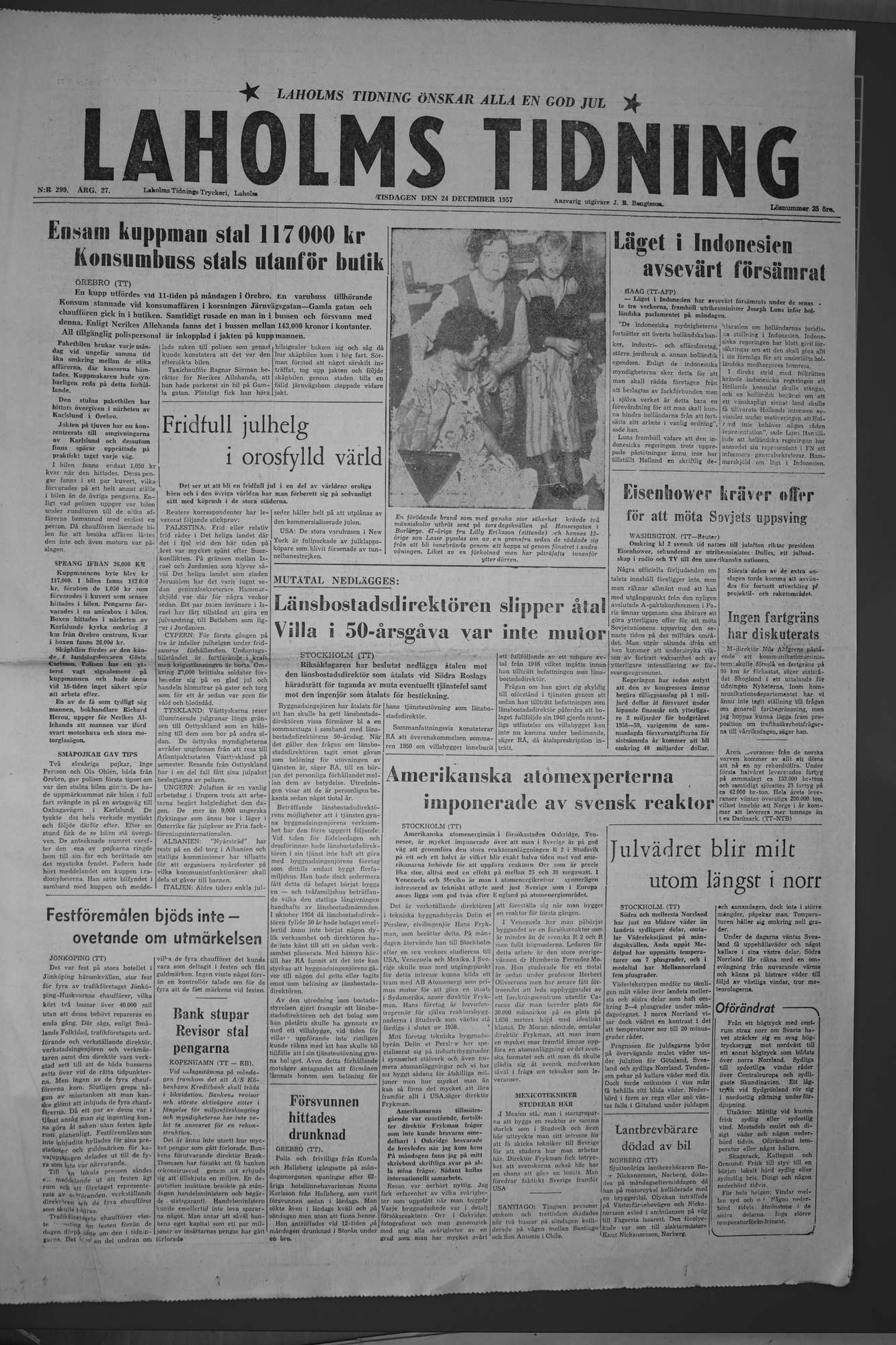 Laholms Tidning Tisdag 24 december 1957, sida 1