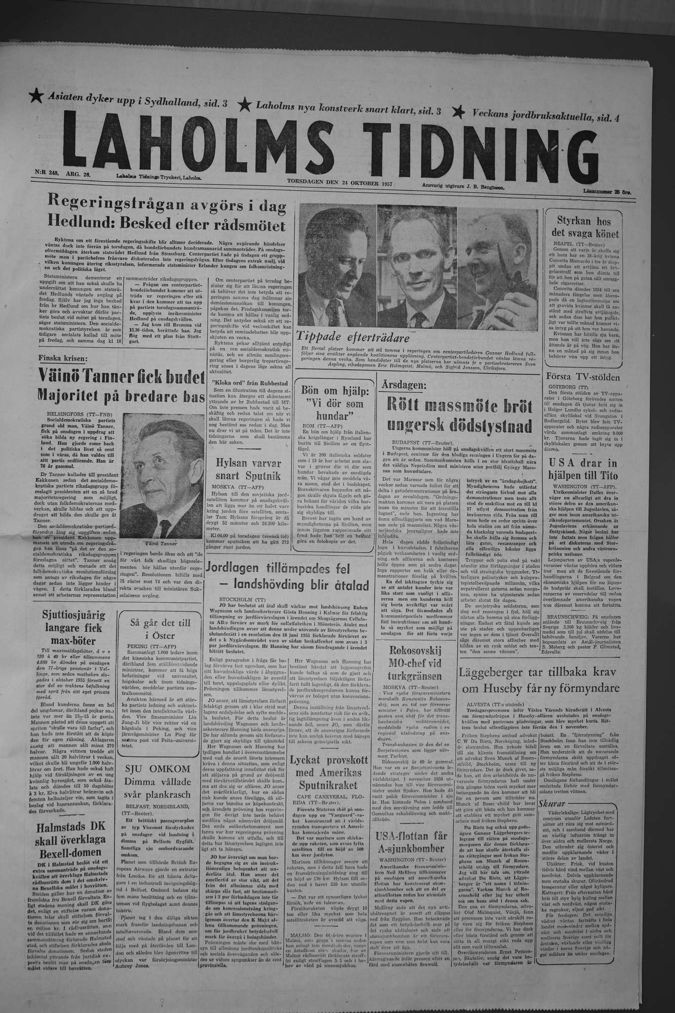 Laholms Tidning Torsdag 24 oktober 1957, sida 1