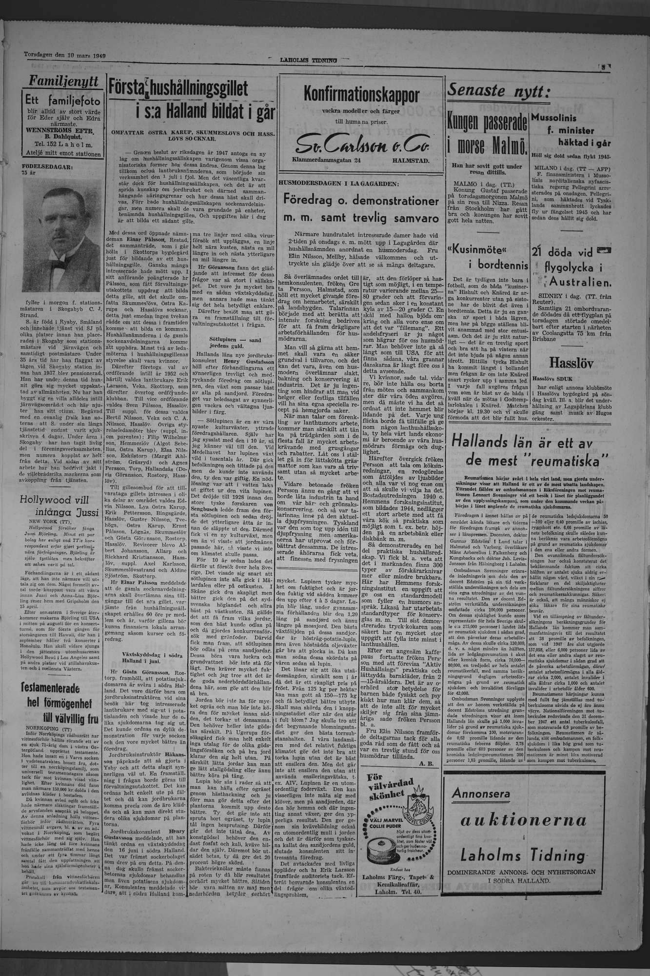Laholms Tidning Torsdag 10 mars 1949, sida 3