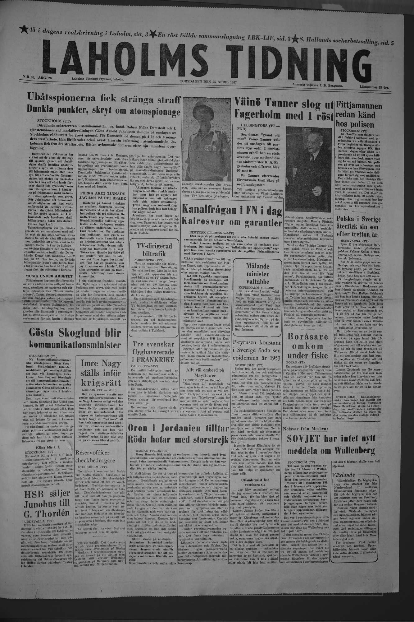 Laholms Tidning Torsdag 25 april 1957, sida 1