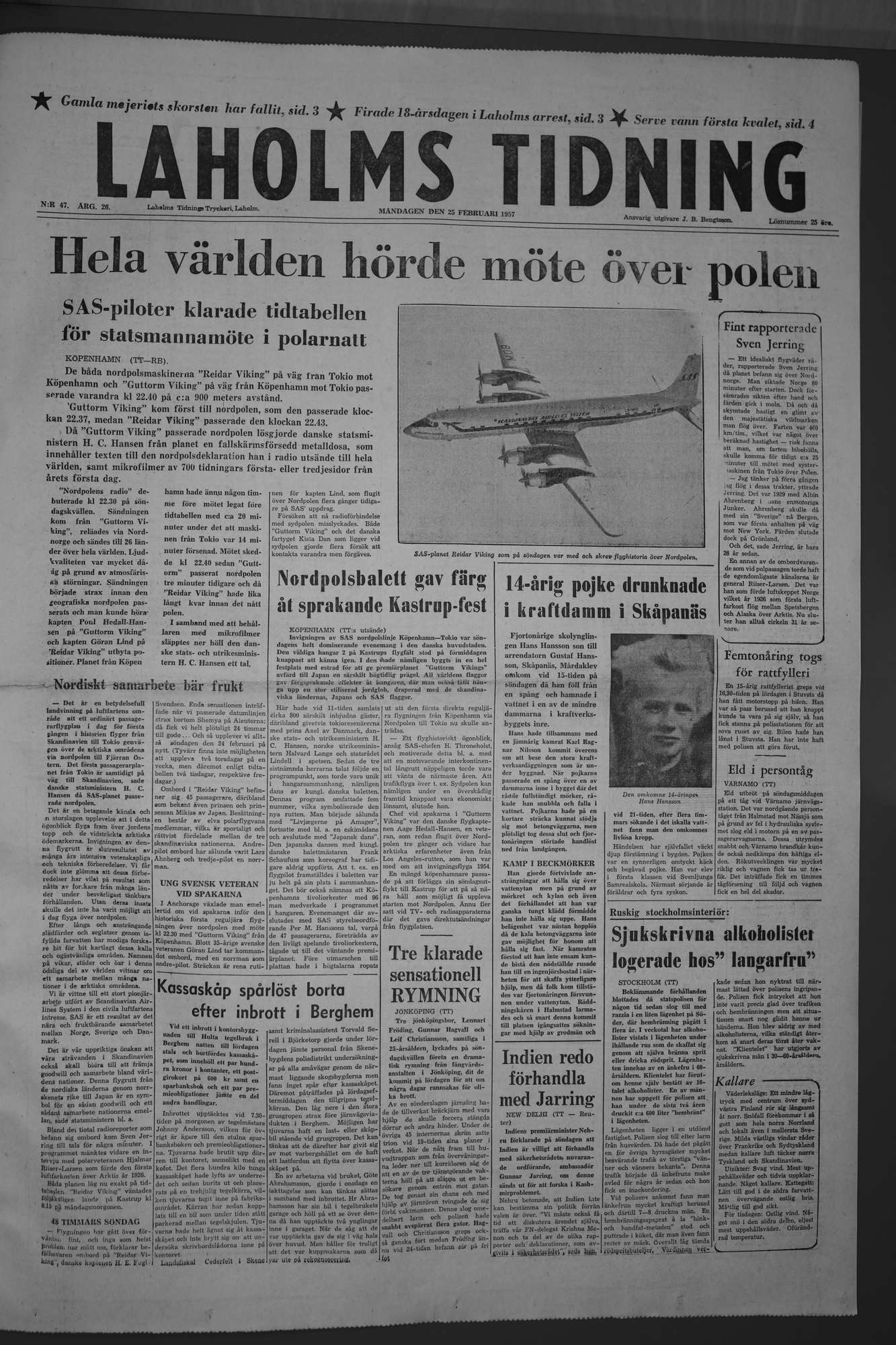 Laholms Tidning Måndag 25 februari 1957, sida 1