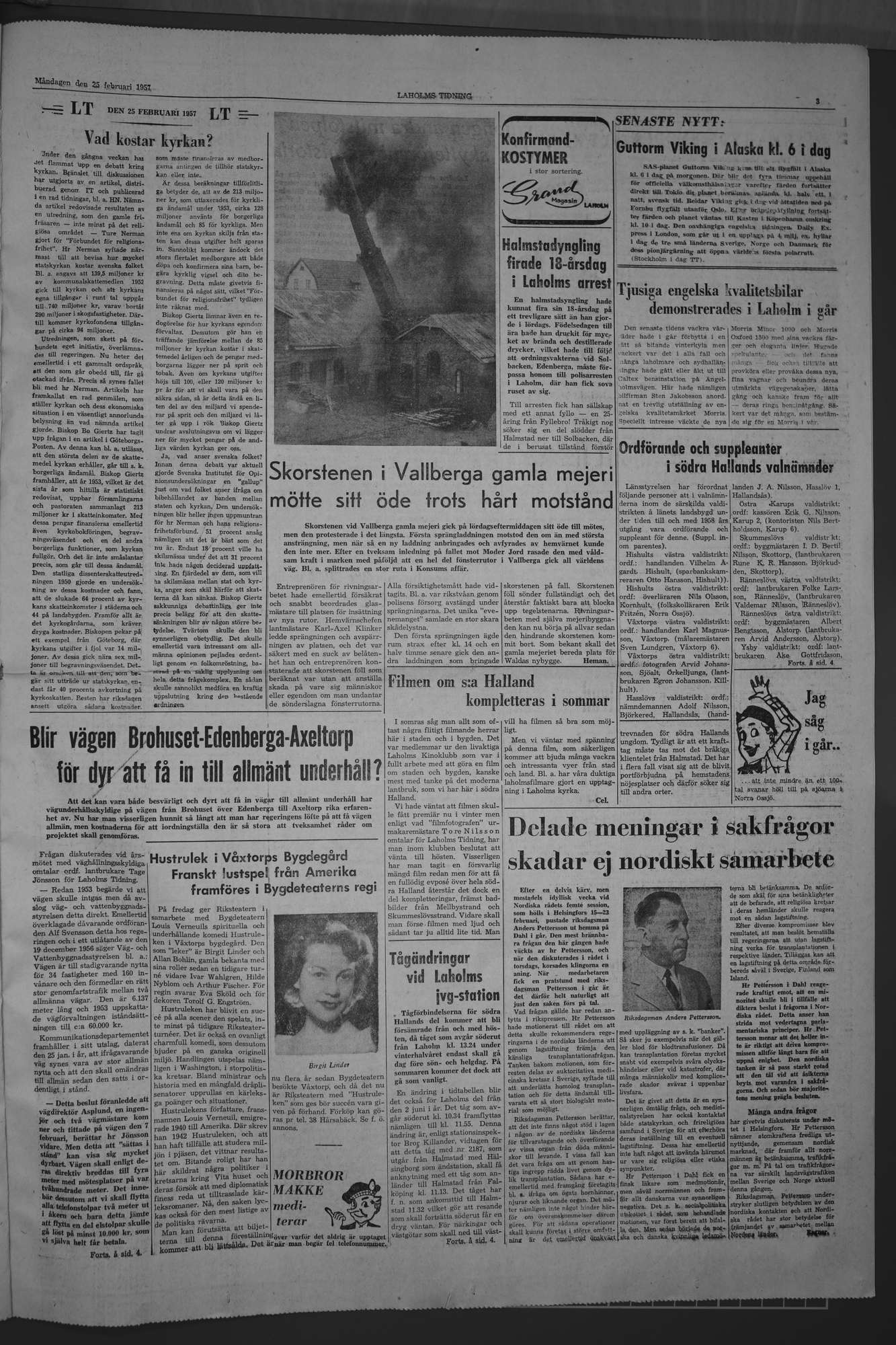 Laholms Tidning Måndag 25 februari 1957, sida 3