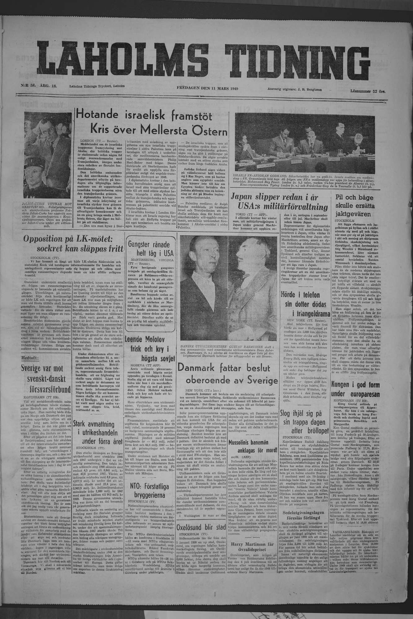 Laholms Tidning Fredag 11 mars 1949, sida 1