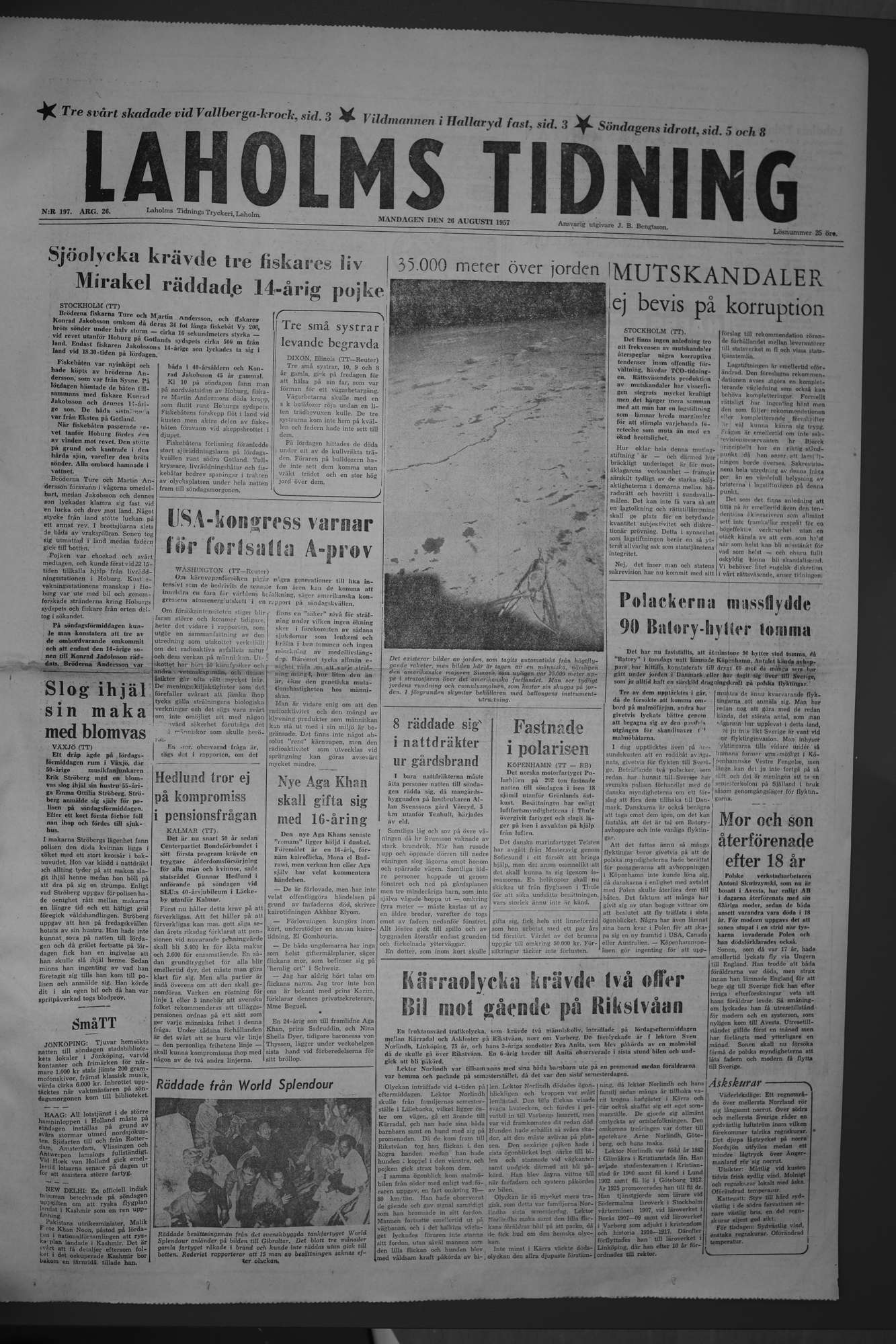 Laholms Tidning Måndag 26 augusti 1957, sida 1