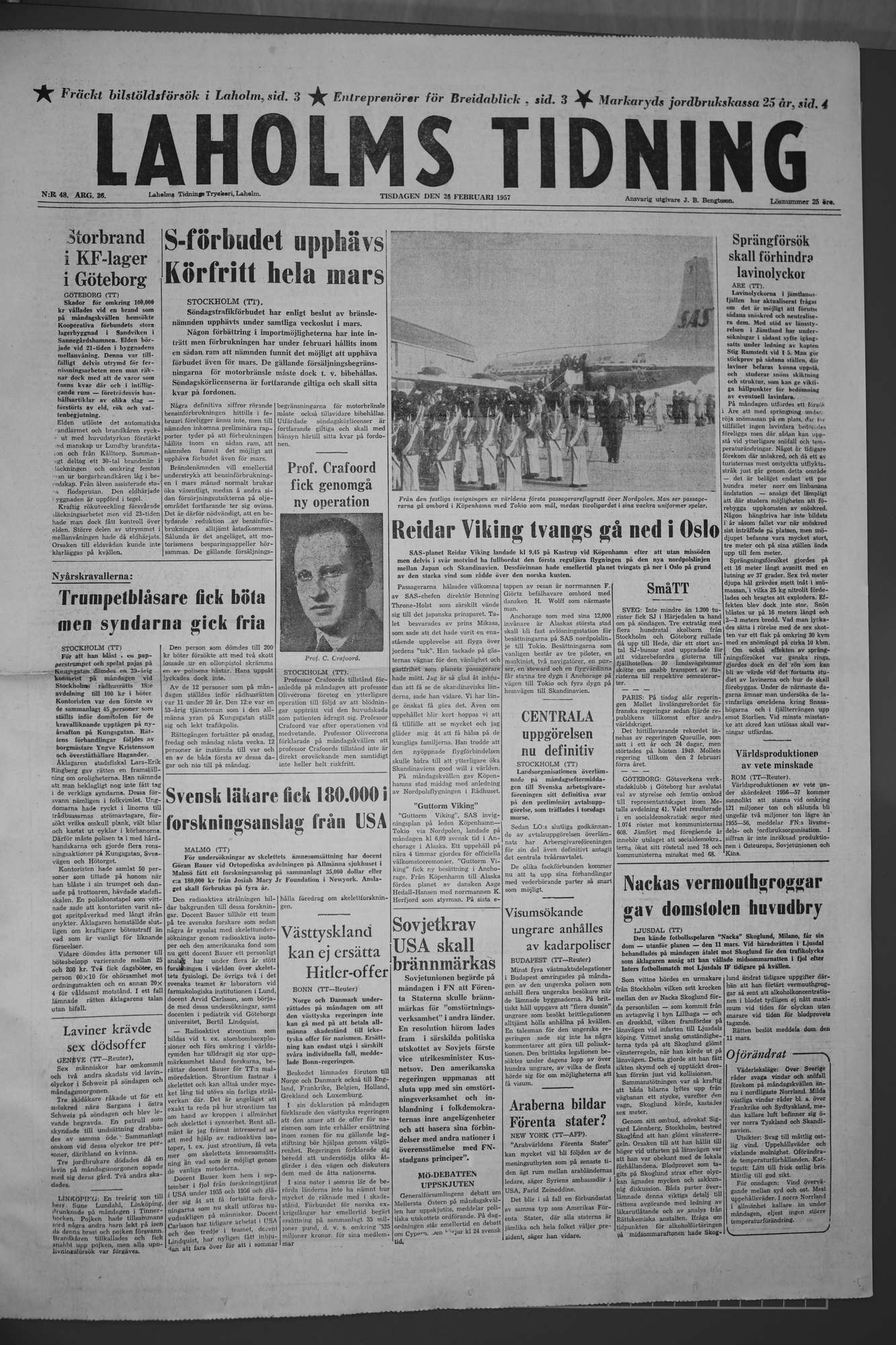 Laholms Tidning Tisdag 26 februari 1957, sida 1