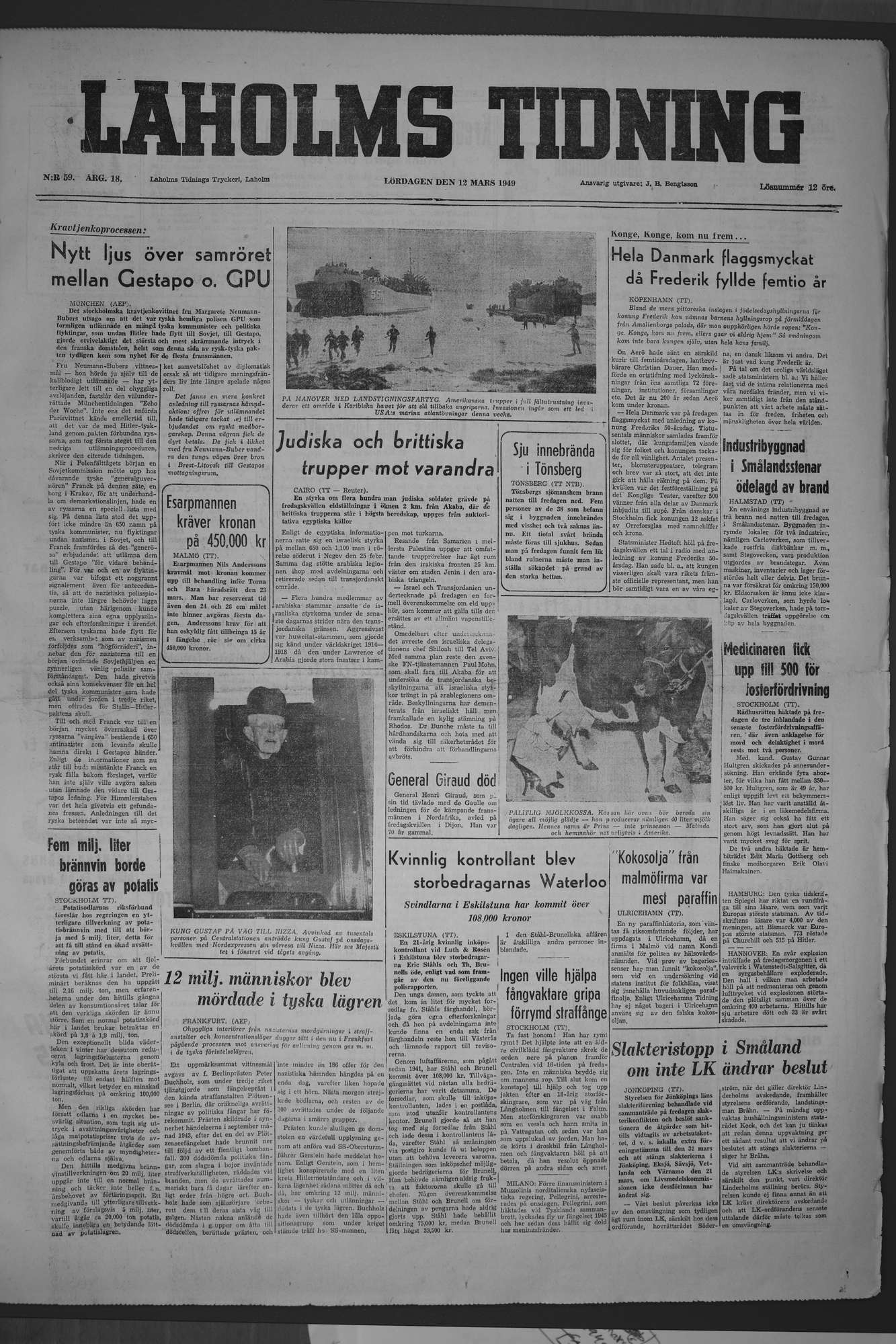 Laholms Tidning Lördag 12 mars 1949, sida 1