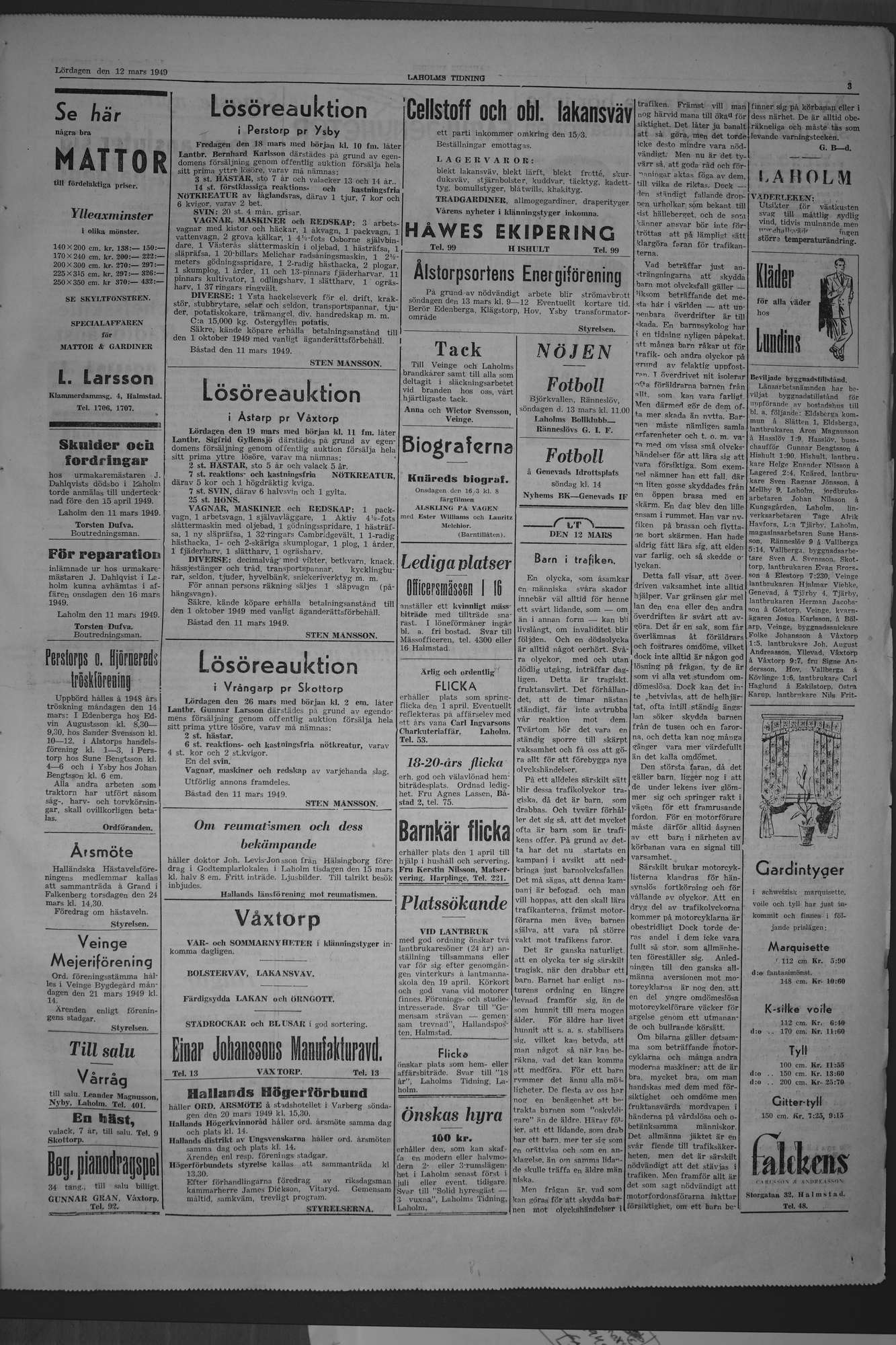 Laholms Tidning Lördag 12 mars 1949, sida 3