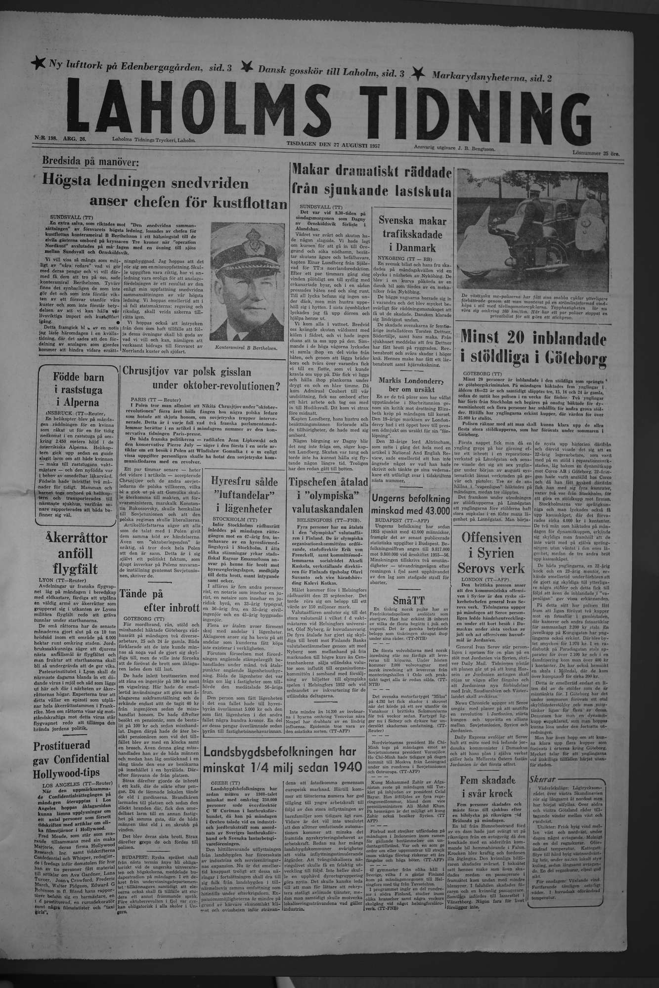 Laholms Tidning Tisdag 27 augusti 1957, sida 1