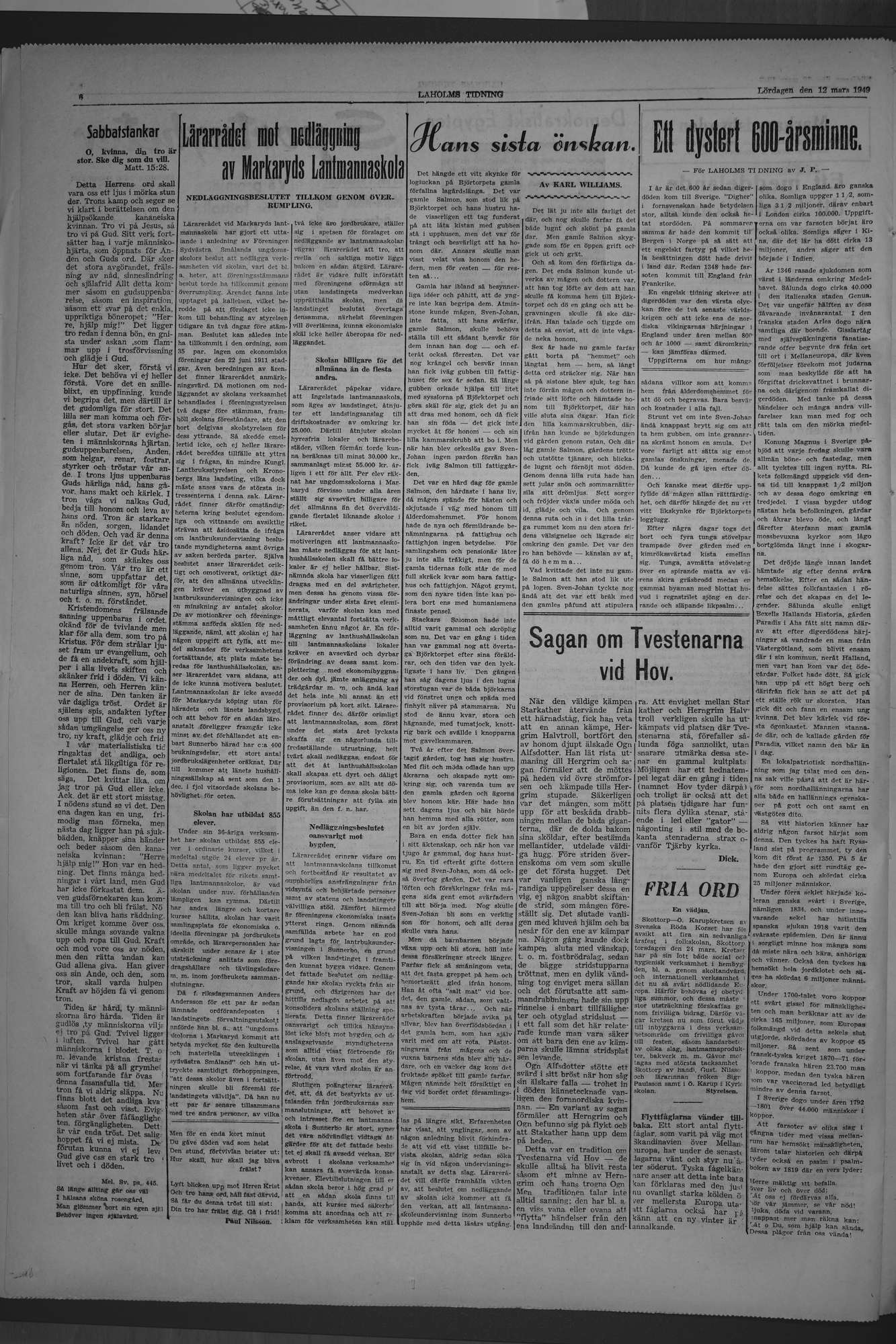 Laholms Tidning Lördag 12 mars 1949, sida 6