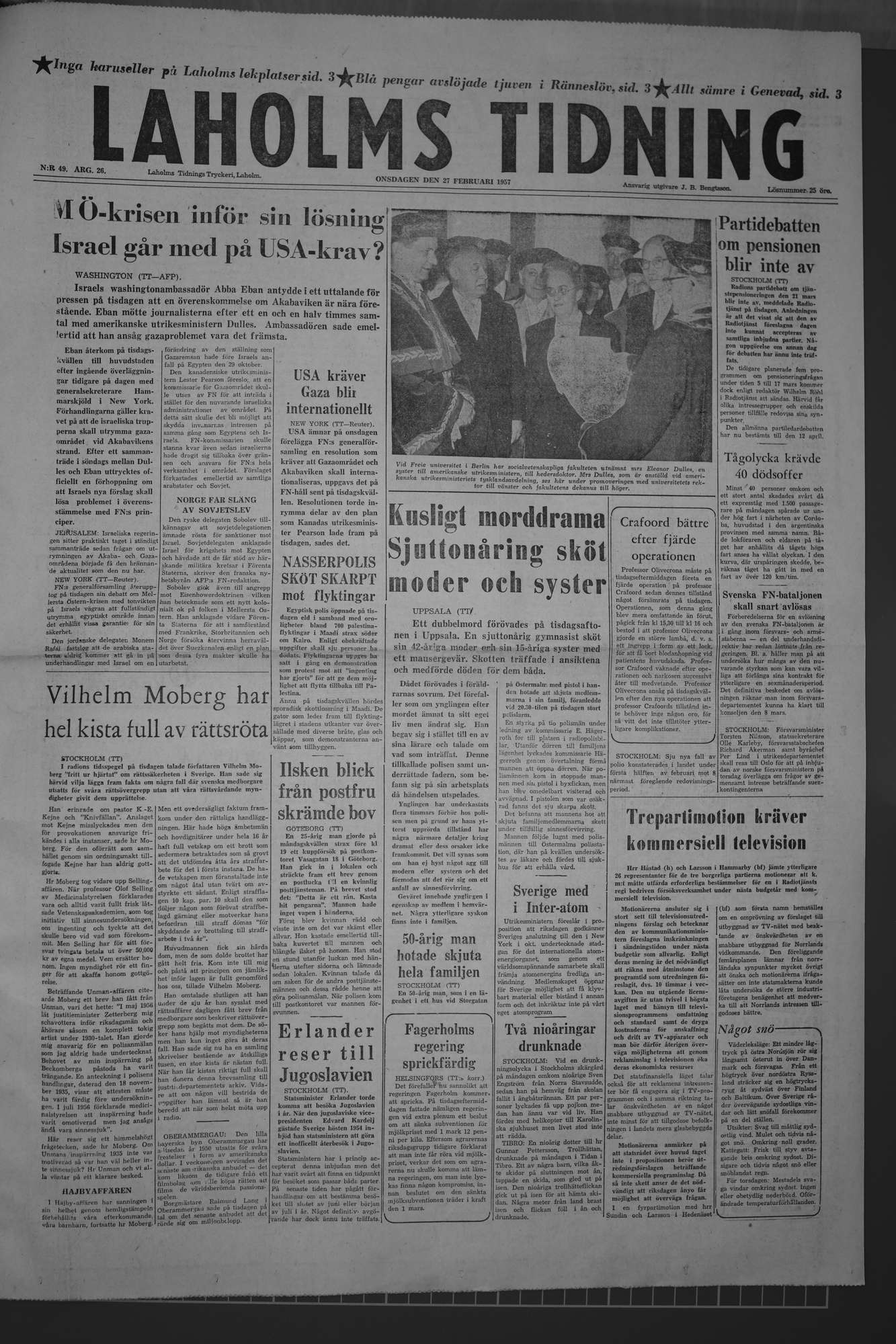 Laholms Tidning Onsdag 27 februari 1957, sida 1