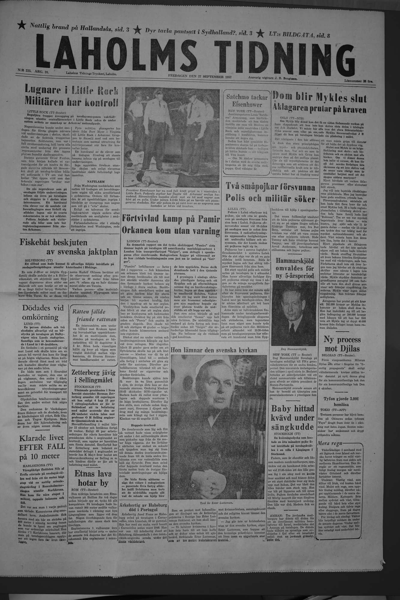 Laholms Tidning Fredag 27 september 1957, sida 1